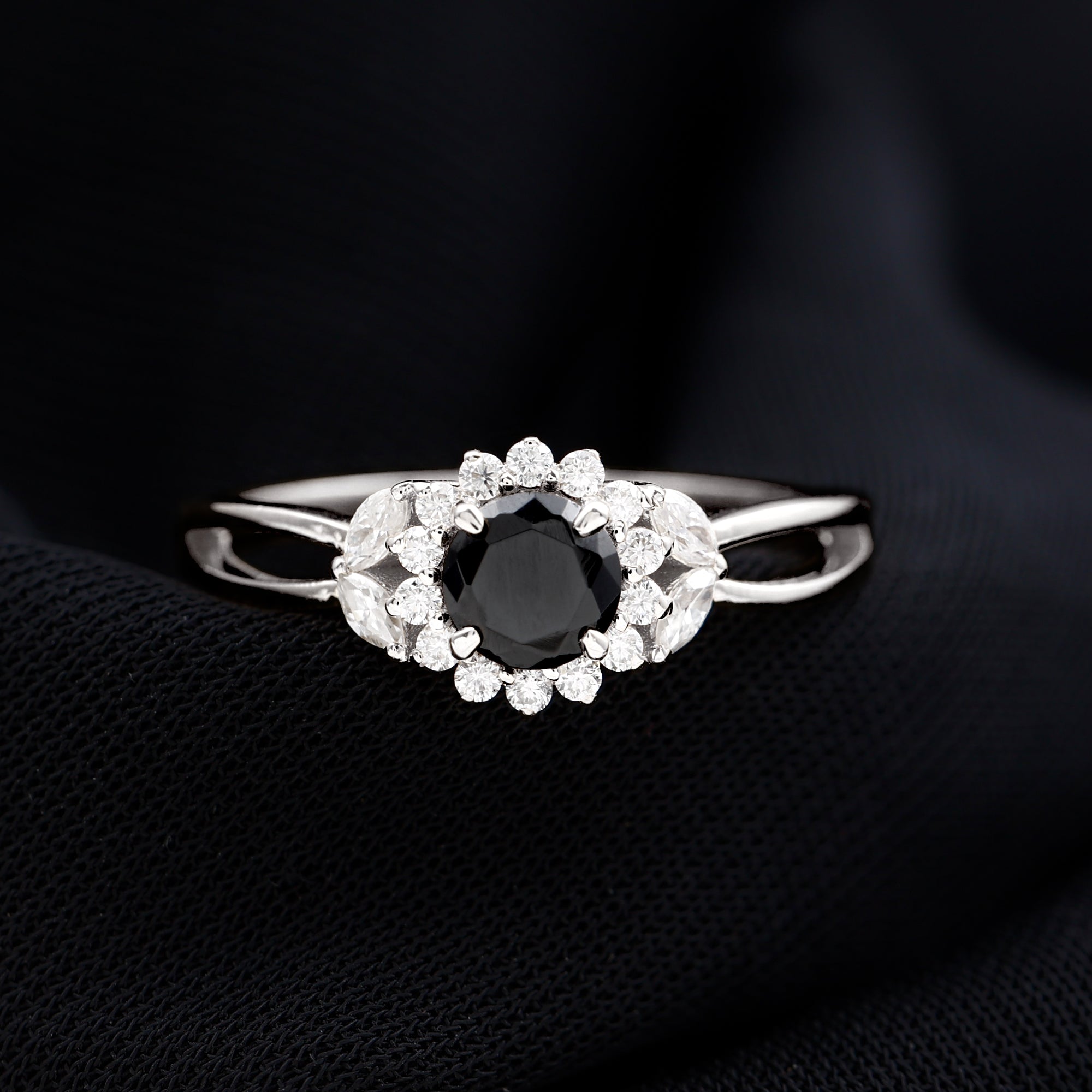 Rosec Jewels-Created Black Diamond and Diamond Flower Engagement Ring in Split Shank