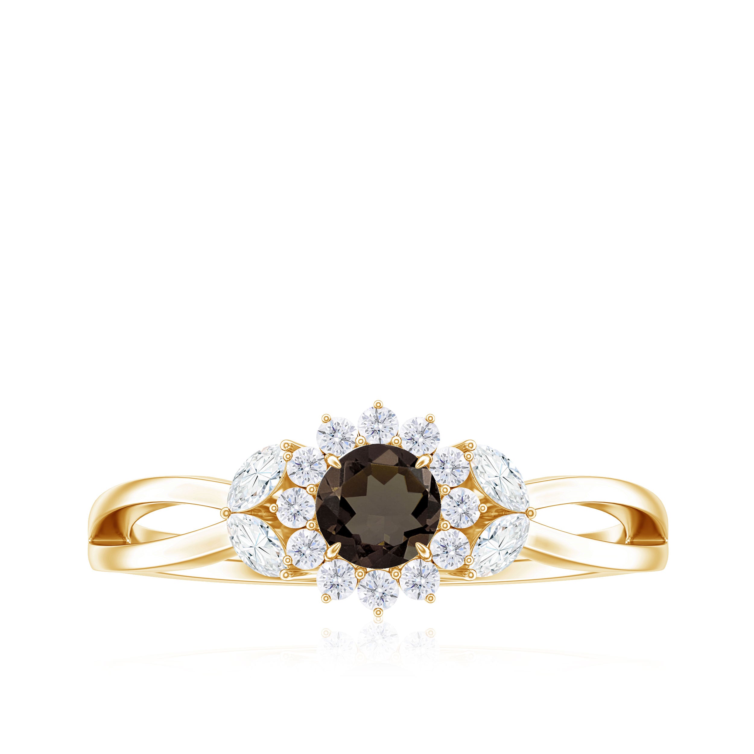 Rosec Jewels-Split Shank Smoky Quartz Flower Engagement Ring with Diamond