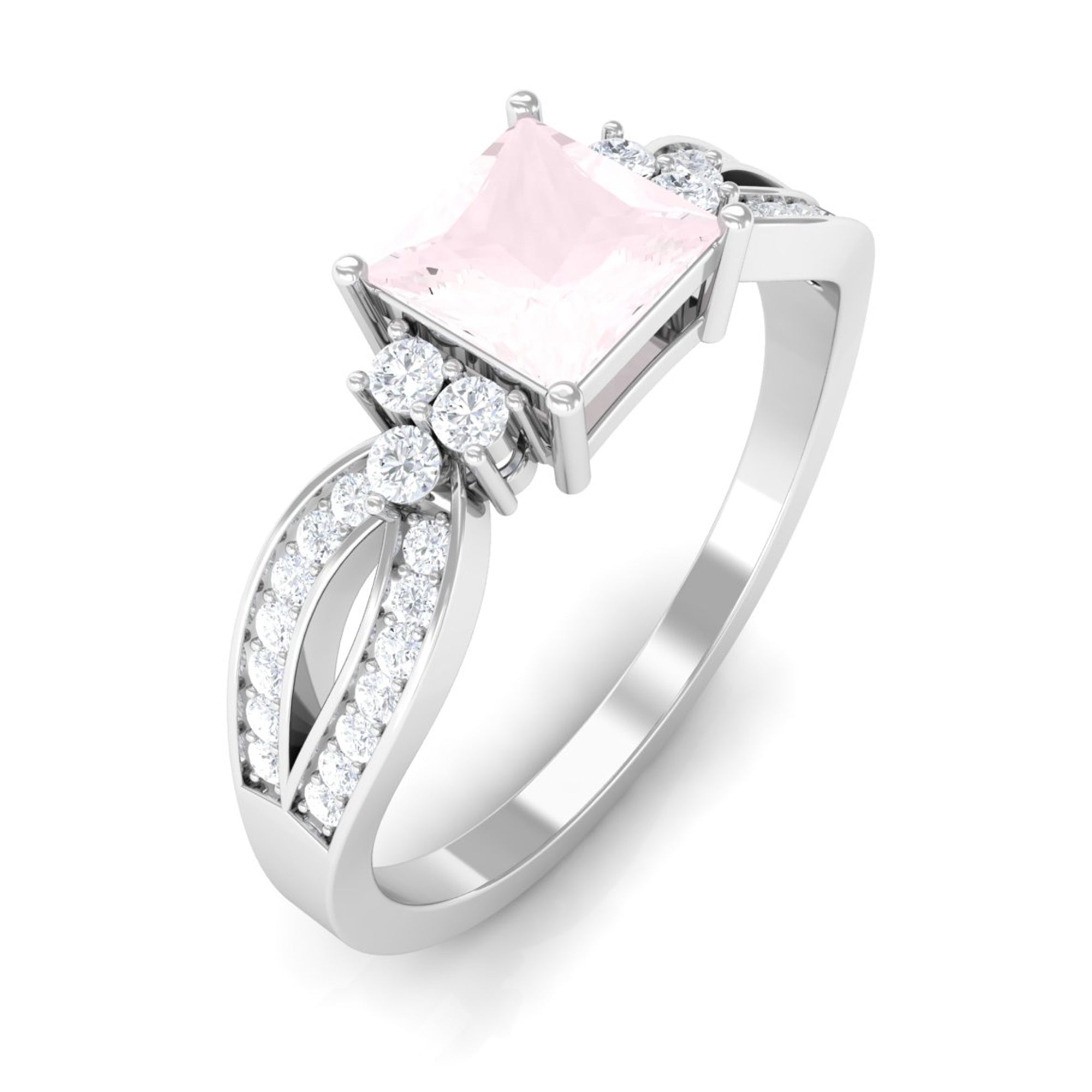 Rosec Jewels-1 CT Split Shank Rose Quartz and Diamond Engagement Ring