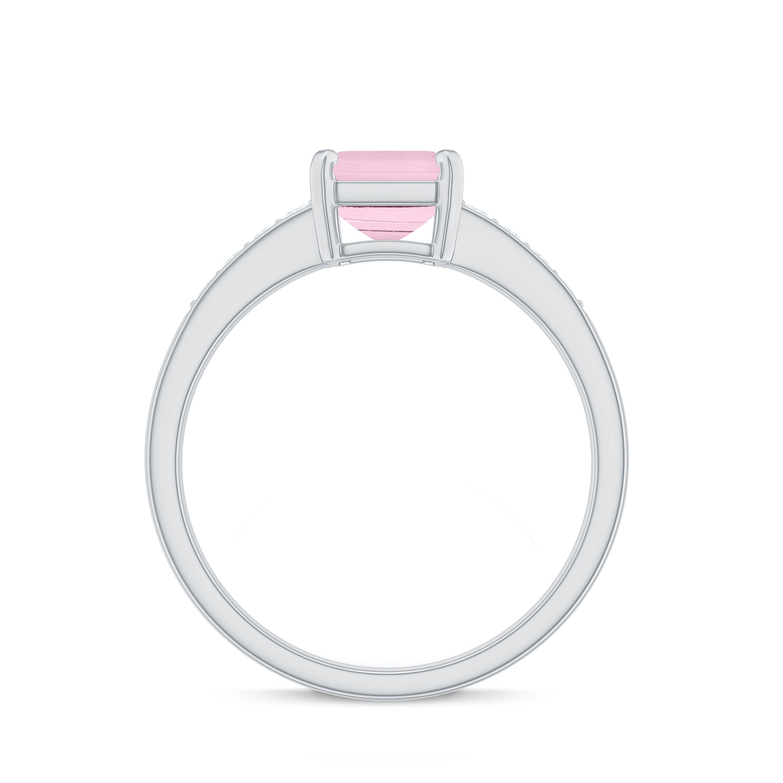 Rosec Jewels-Octagon Cut Rose Quartz Solitaire Engagement Ring with Diamond Side Stones