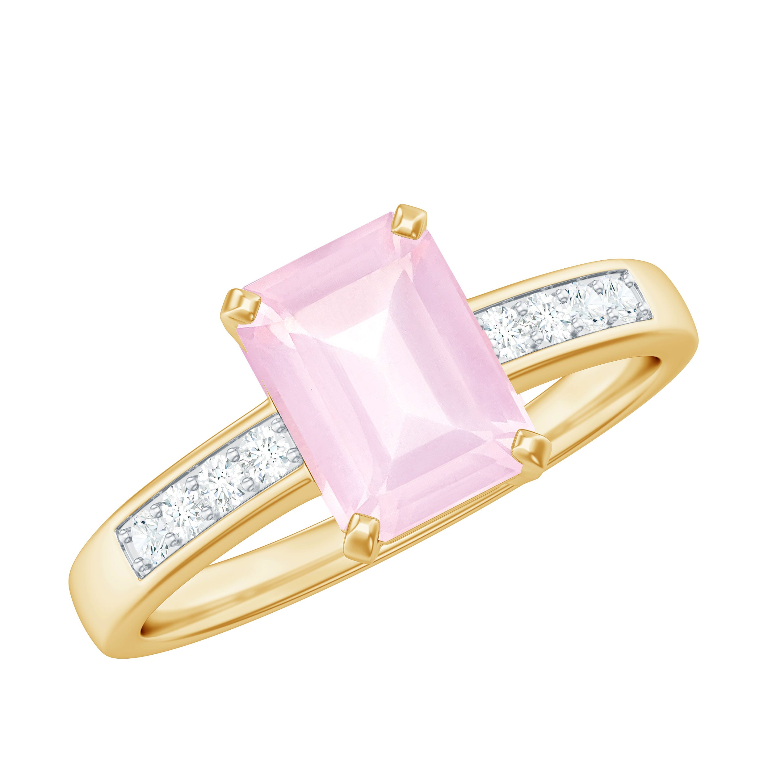 Rosec Jewels-Octagon Cut Rose Quartz Solitaire Engagement Ring with Diamond Side Stones