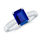 Rosec Jewels-Octagon Cut Created Blue Sapphire Solitaire Engagement Ring with Diamond Side Stones