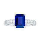 Rosec Jewels-Octagon Cut Created Blue Sapphire Solitaire Engagement Ring with Diamond Side Stones