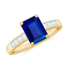 Rosec Jewels-Octagon Cut Created Blue Sapphire Solitaire Engagement Ring with Diamond Side Stones