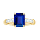 Rosec Jewels-Octagon Cut Created Blue Sapphire Solitaire Engagement Ring with Diamond Side Stones