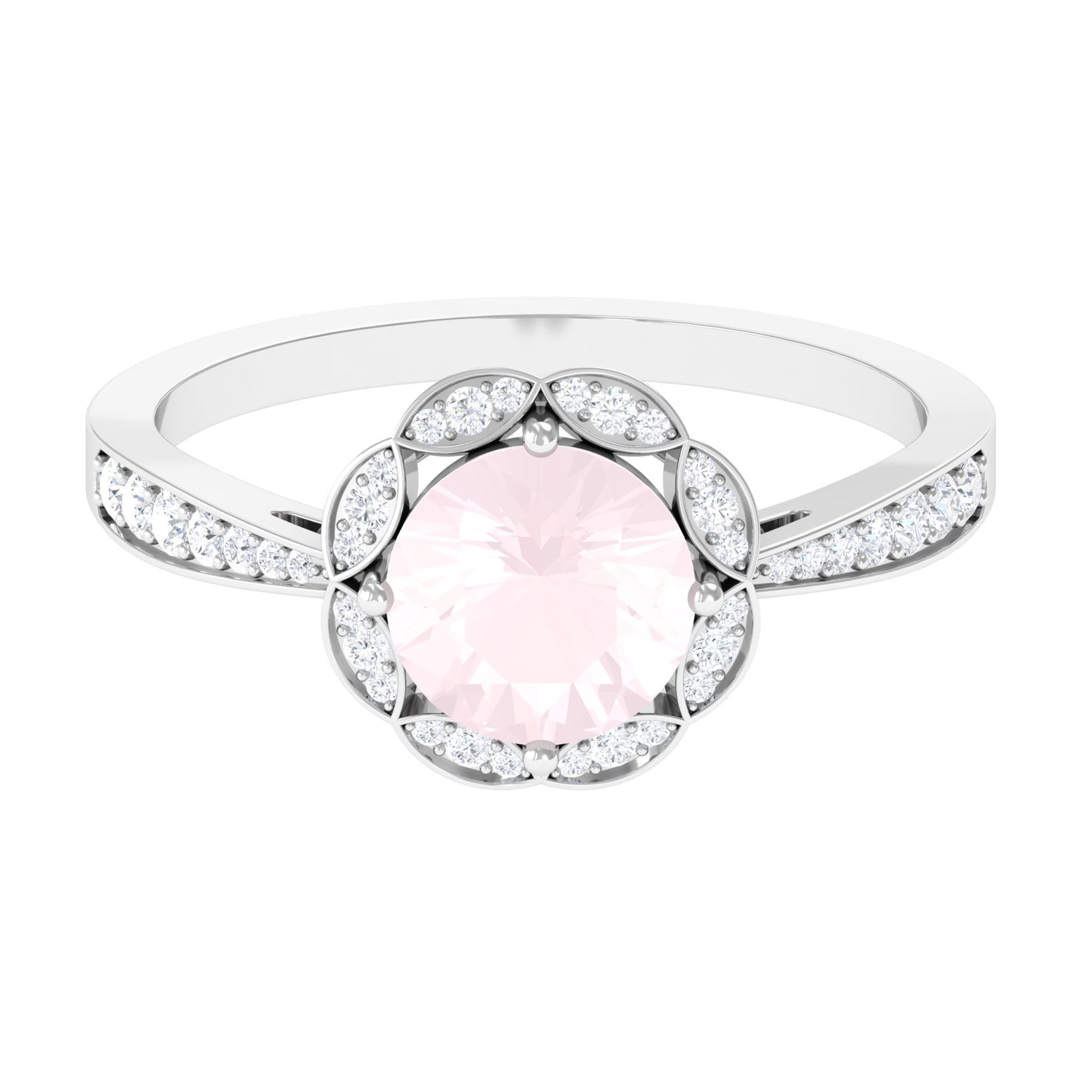 Rosec Jewels-Round Rose Quartz and Diamond Designer Halo Engagement Ring