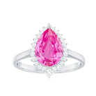 Rosec Jewels-Pear Created Pink Sapphire Cocktail Halo Ring with Diamond