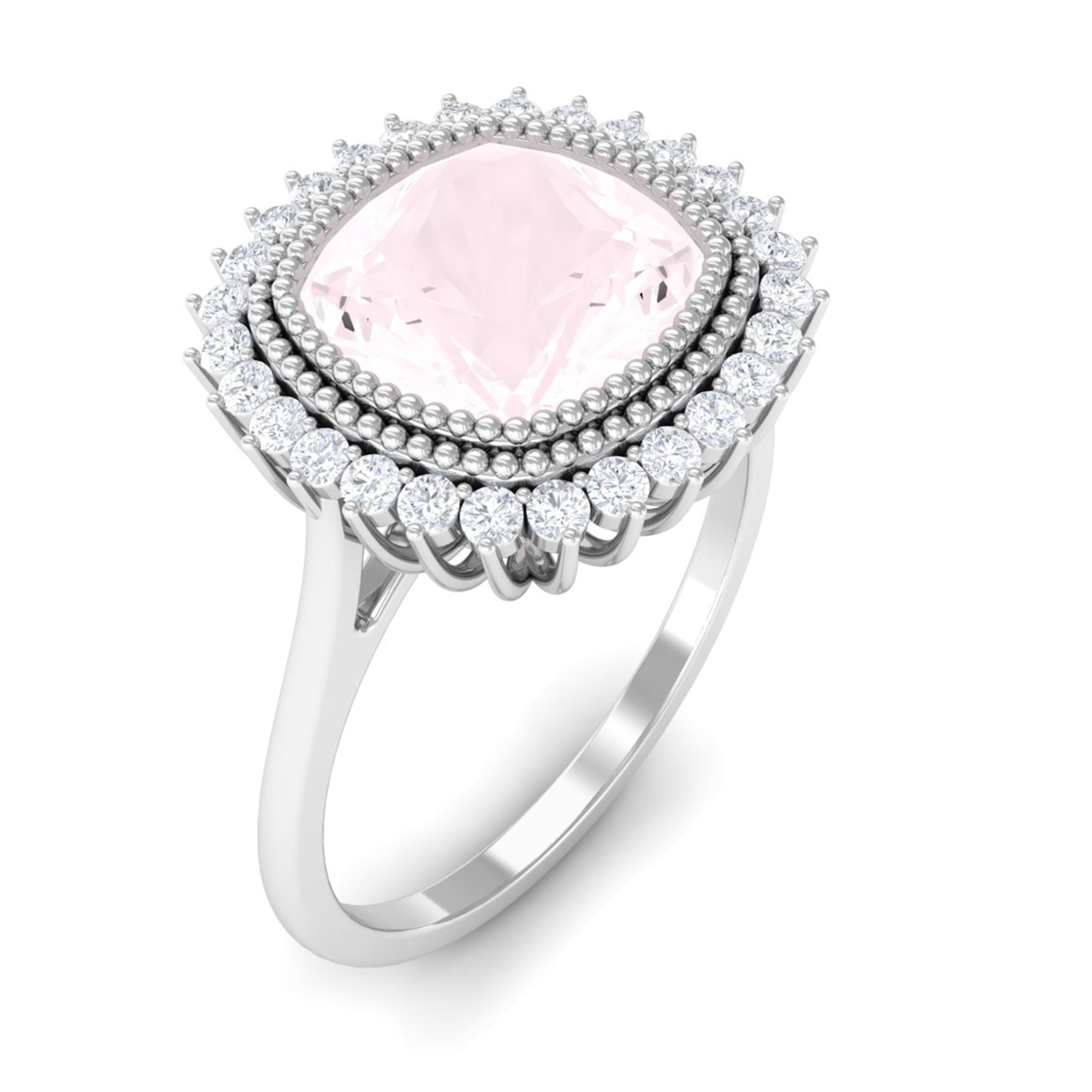 Rosec Jewels-Cushion Cut Rose Quartz Statement Engagement Ring with Diamond Halo