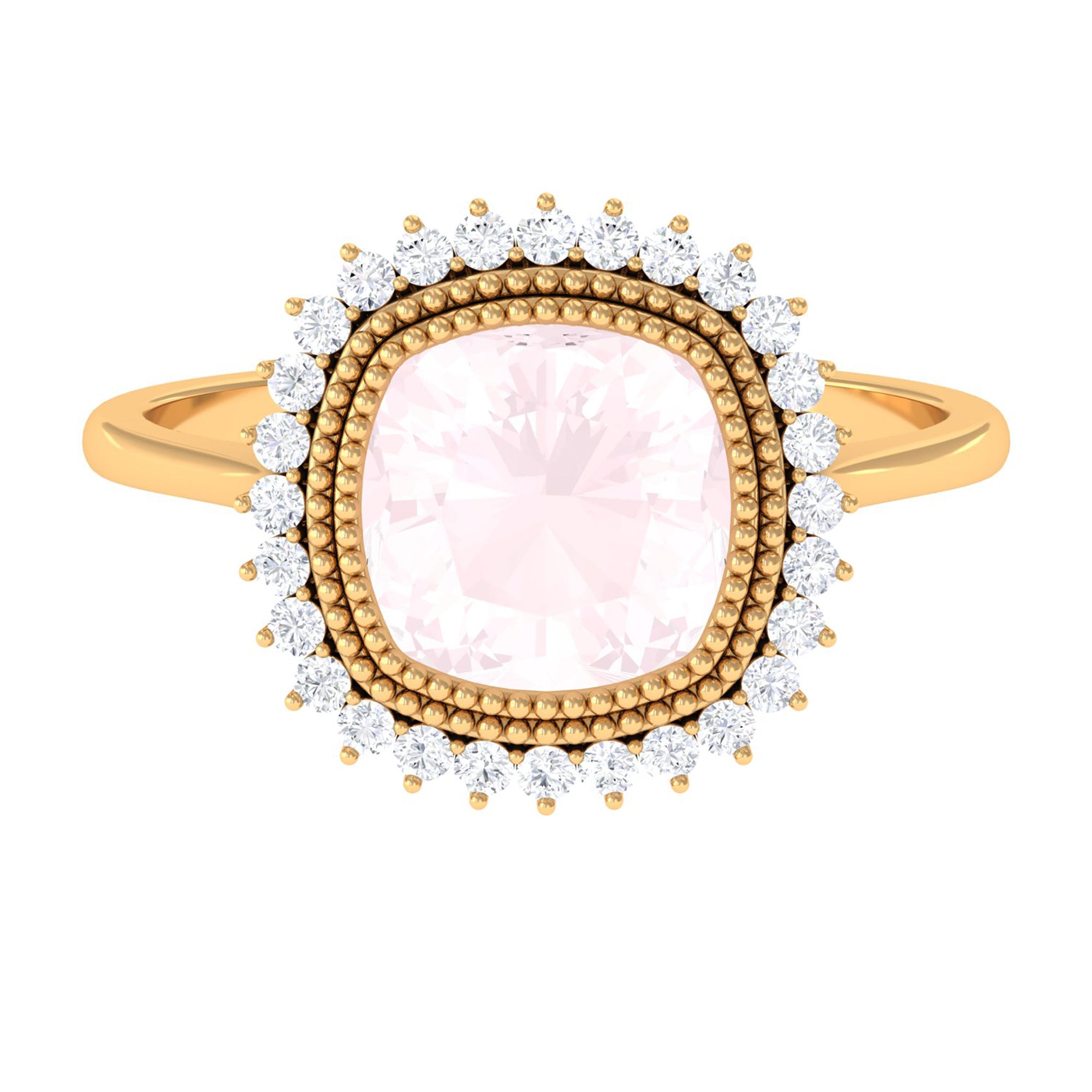 Rosec Jewels-Cushion Cut Rose Quartz Statement Engagement Ring with Diamond Halo