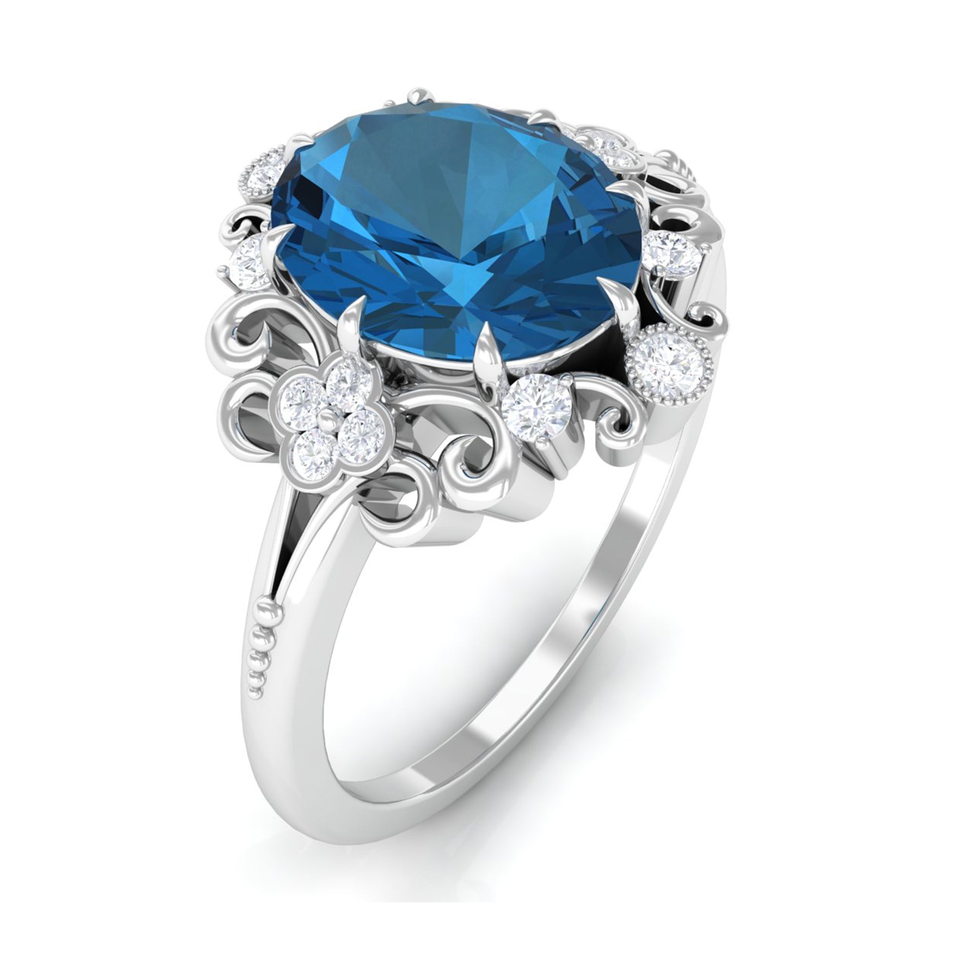 Rosec Jewels-Vintage Inspired London Blue Topaz Engagement Ring with Diamond