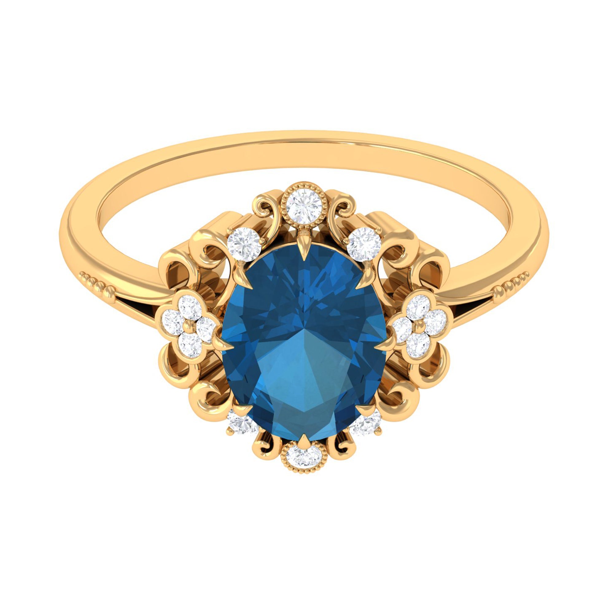 Rosec Jewels-Vintage Inspired London Blue Topaz Engagement Ring with Diamond