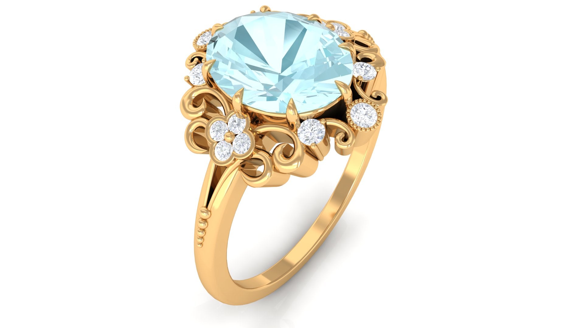 Rosec Jewels-Vintage Inspired Sky Blue Topaz Engagement Ring with Diamond