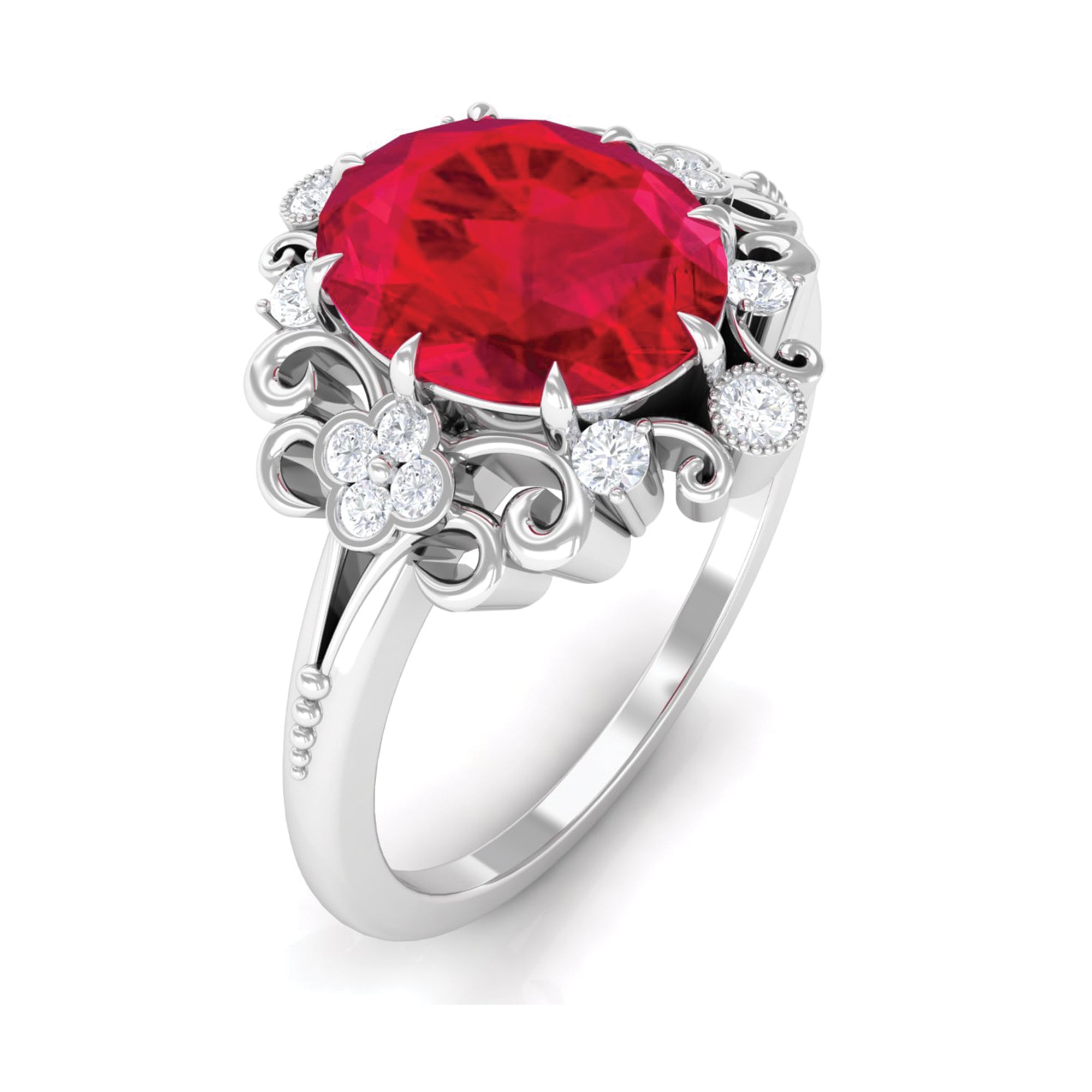 Rosec Jewels-Certified Vintage Inspired Created Ruby Engagement Ring with Diamond