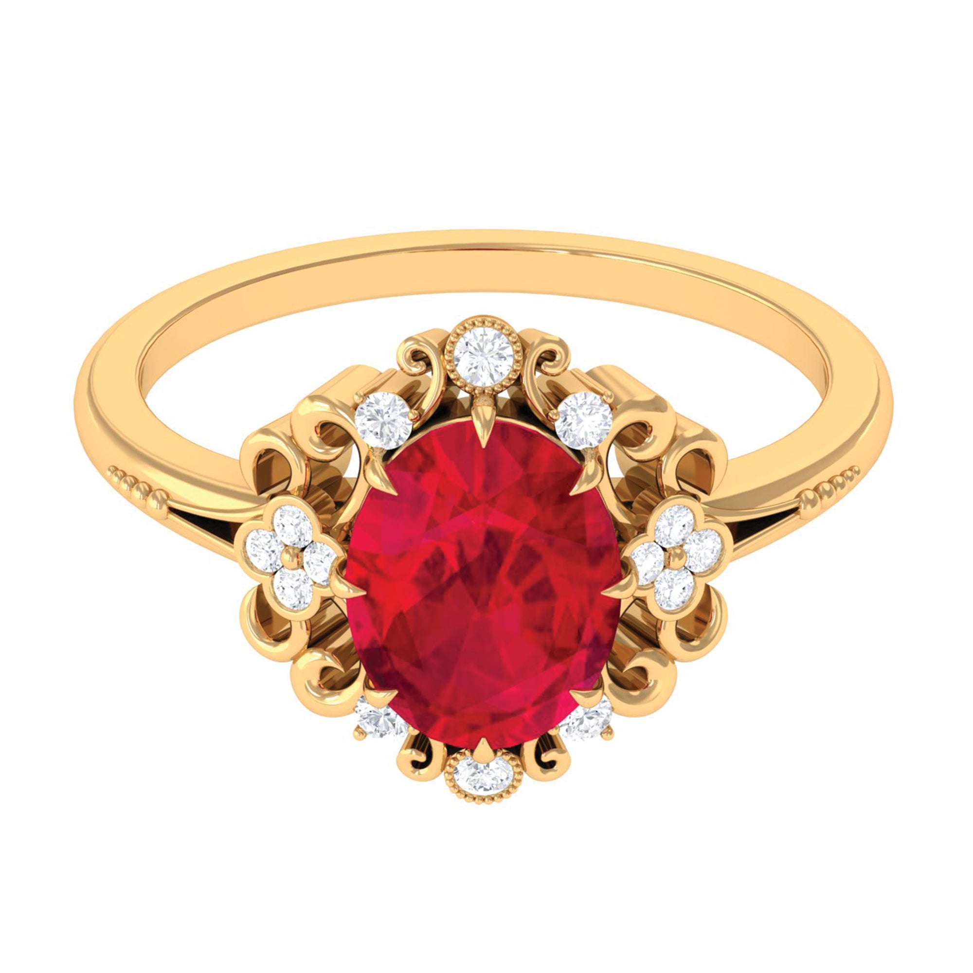 Rosec Jewels-Certified Vintage Inspired Created Ruby Engagement Ring with Diamond