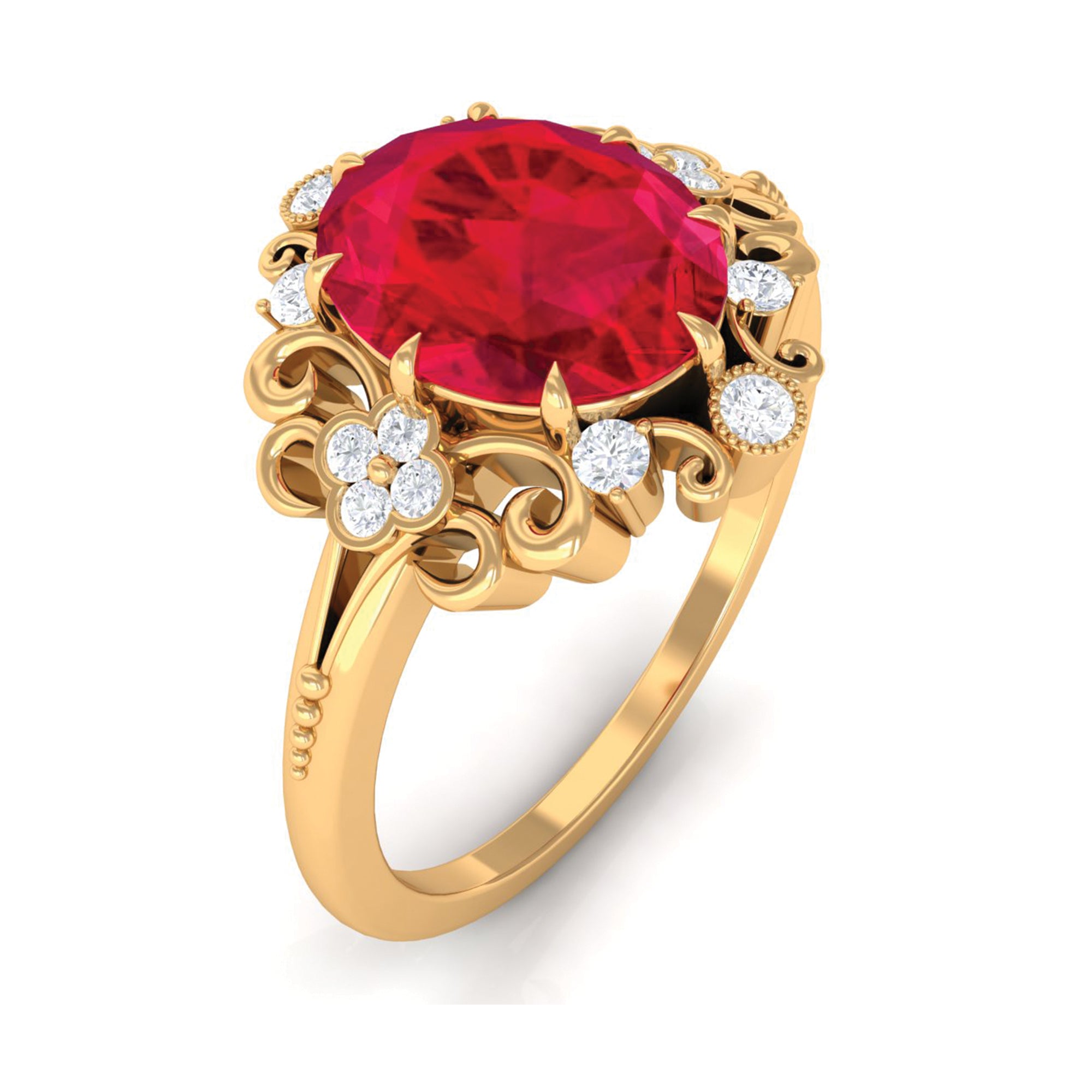 Rosec Jewels-Certified Vintage Inspired Created Ruby Engagement Ring with Diamond