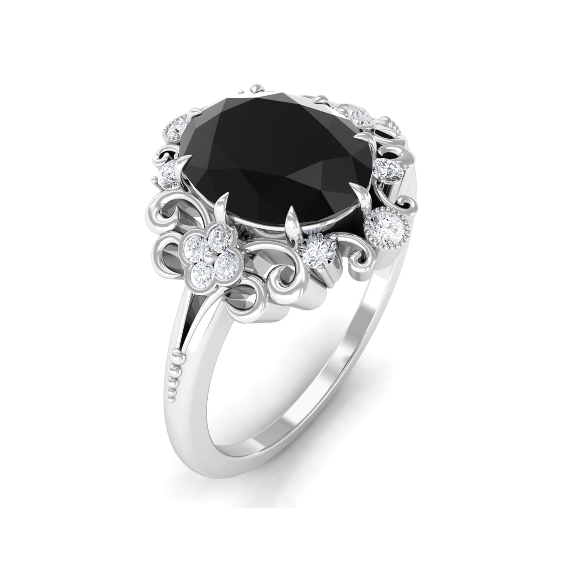 Rosec Jewels-Vintage Inspired Black Onyx Engagement Ring with Diamond