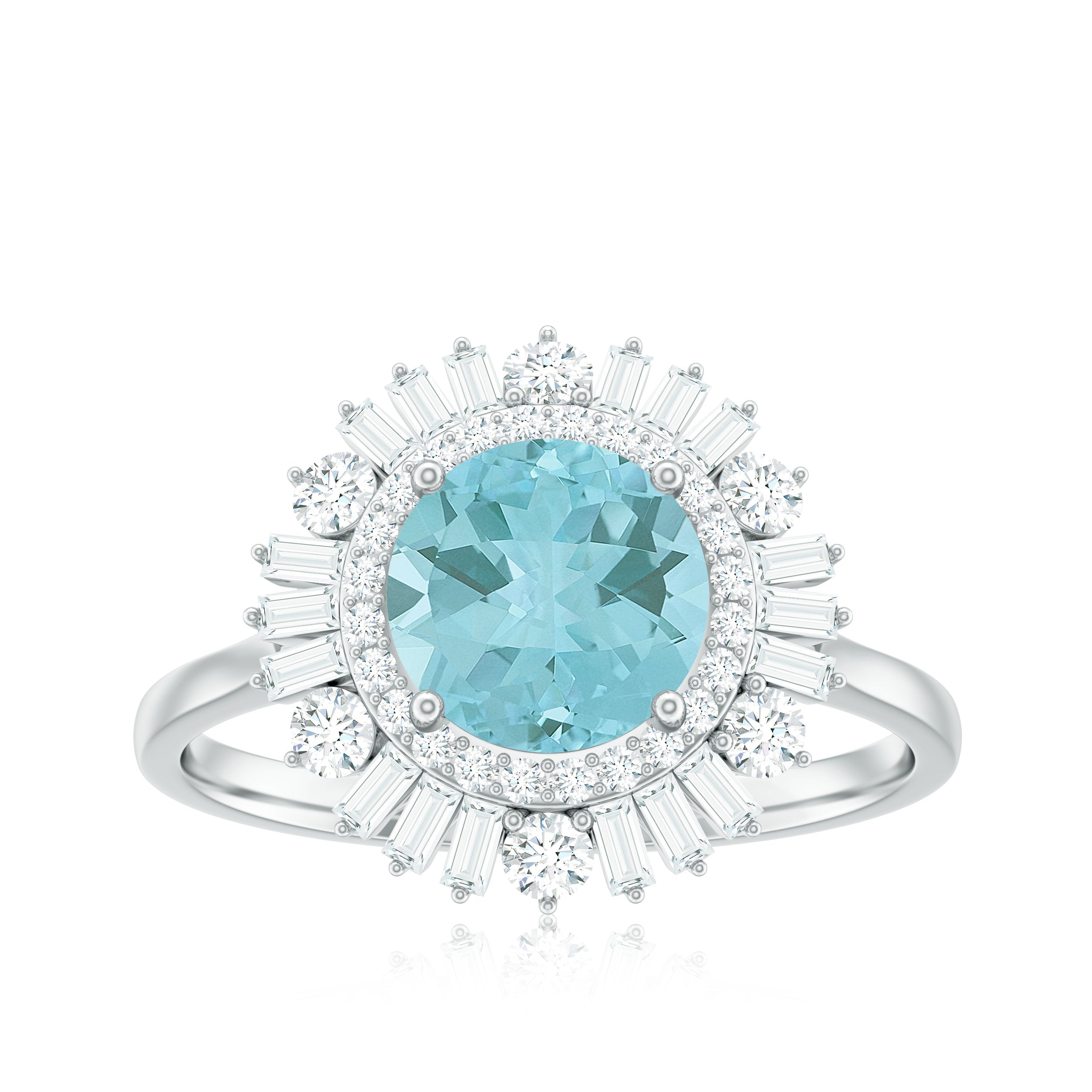 Rosec Jewels-Round Sky Blue Topaz Cocktail Ring with Moissanite Double Halo