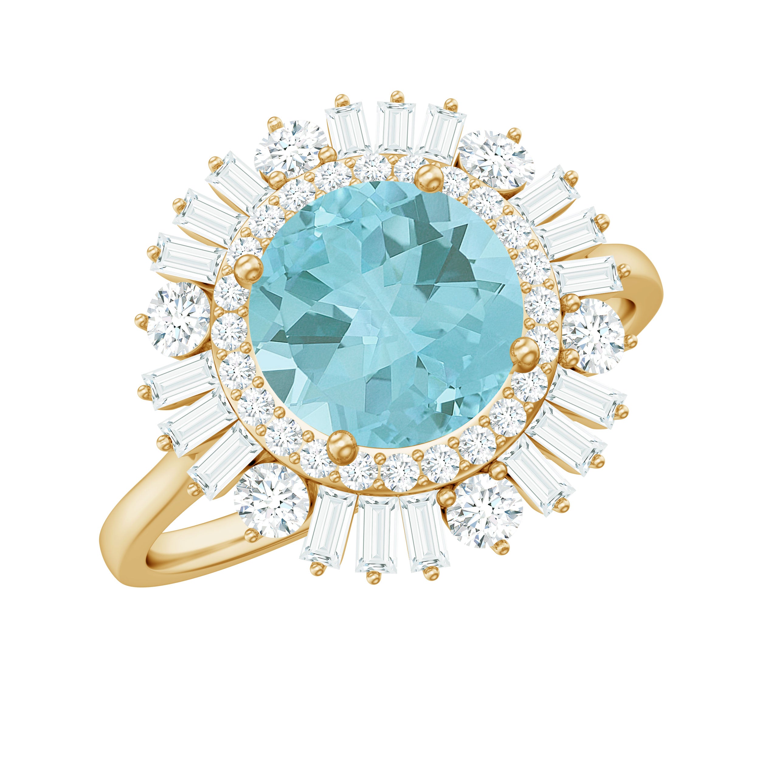 Rosec Jewels-Round Sky Blue Topaz Cocktail Ring with Moissanite Double Halo