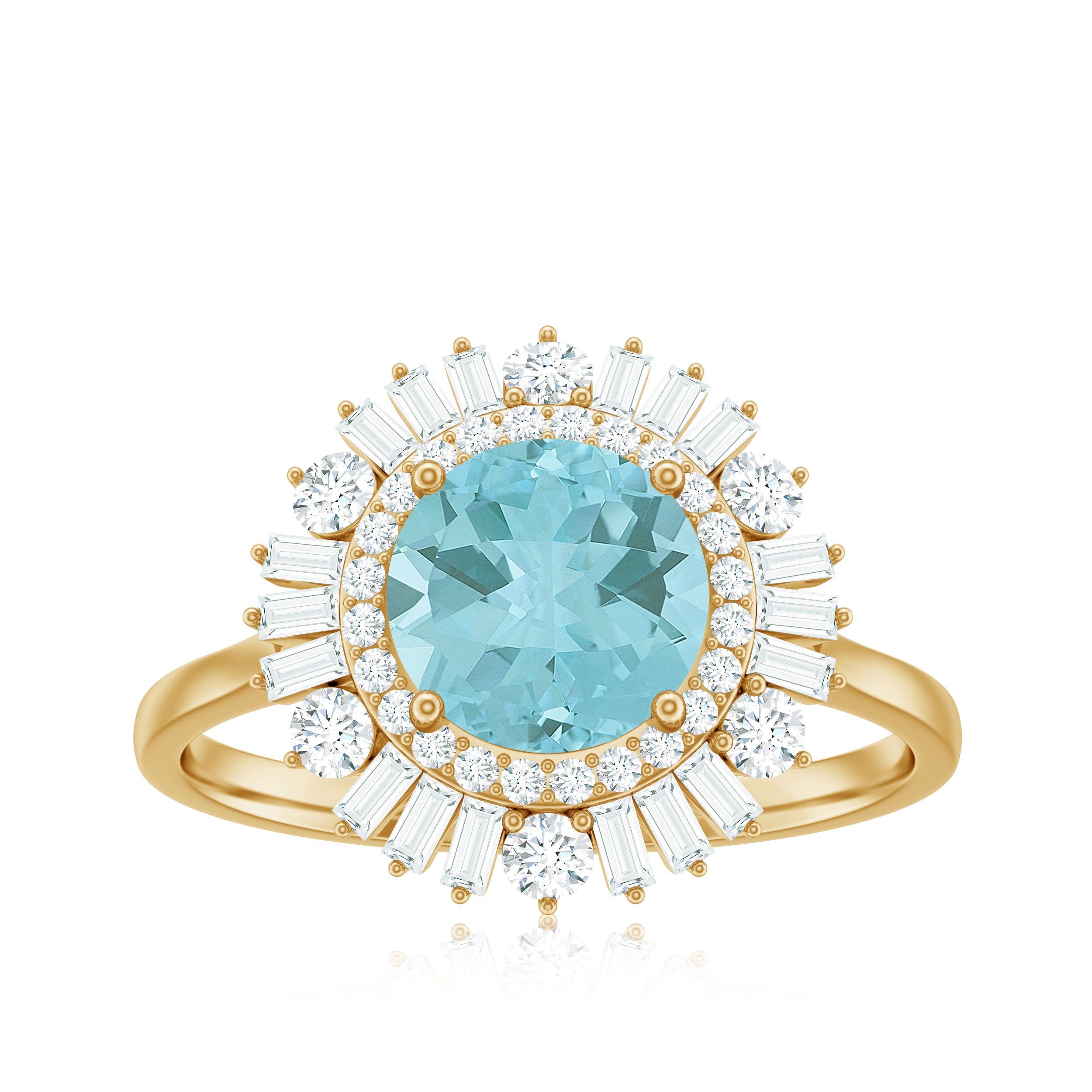 Rosec Jewels-Round Sky Blue Topaz Cocktail Ring with Moissanite Double Halo