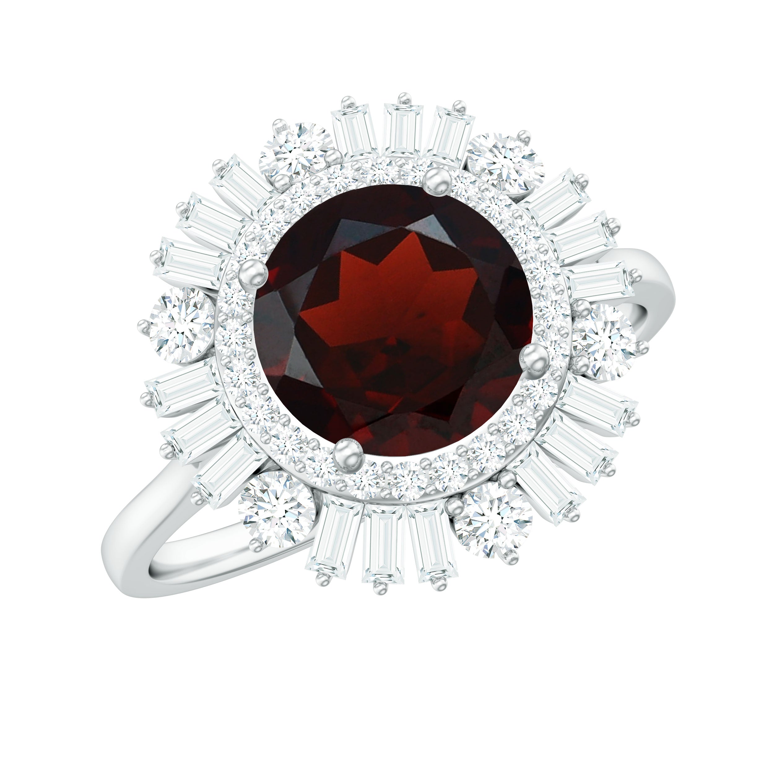 Rosec Jewels-Round Garnet Cocktail Engagement Ring with Diamond Double Halo