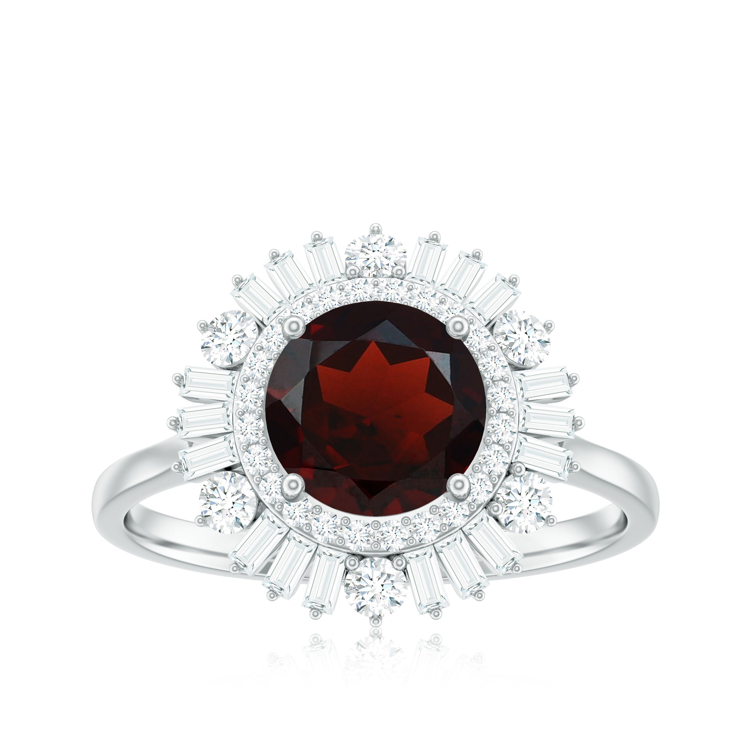 Rosec Jewels-Round Garnet Cocktail Engagement Ring with Diamond Double Halo