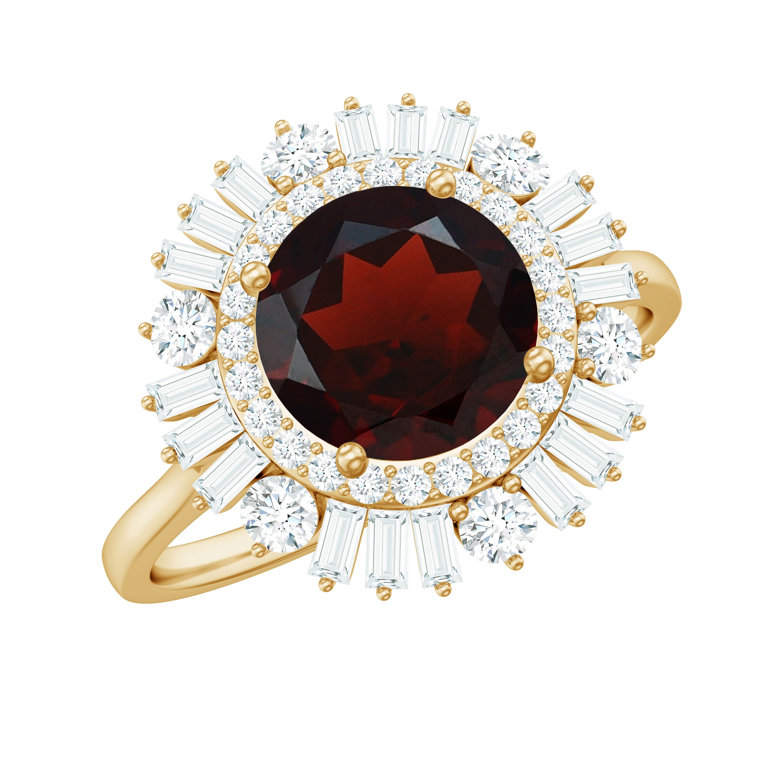 Rosec Jewels-Round Garnet Cocktail Engagement Ring with Diamond Double Halo