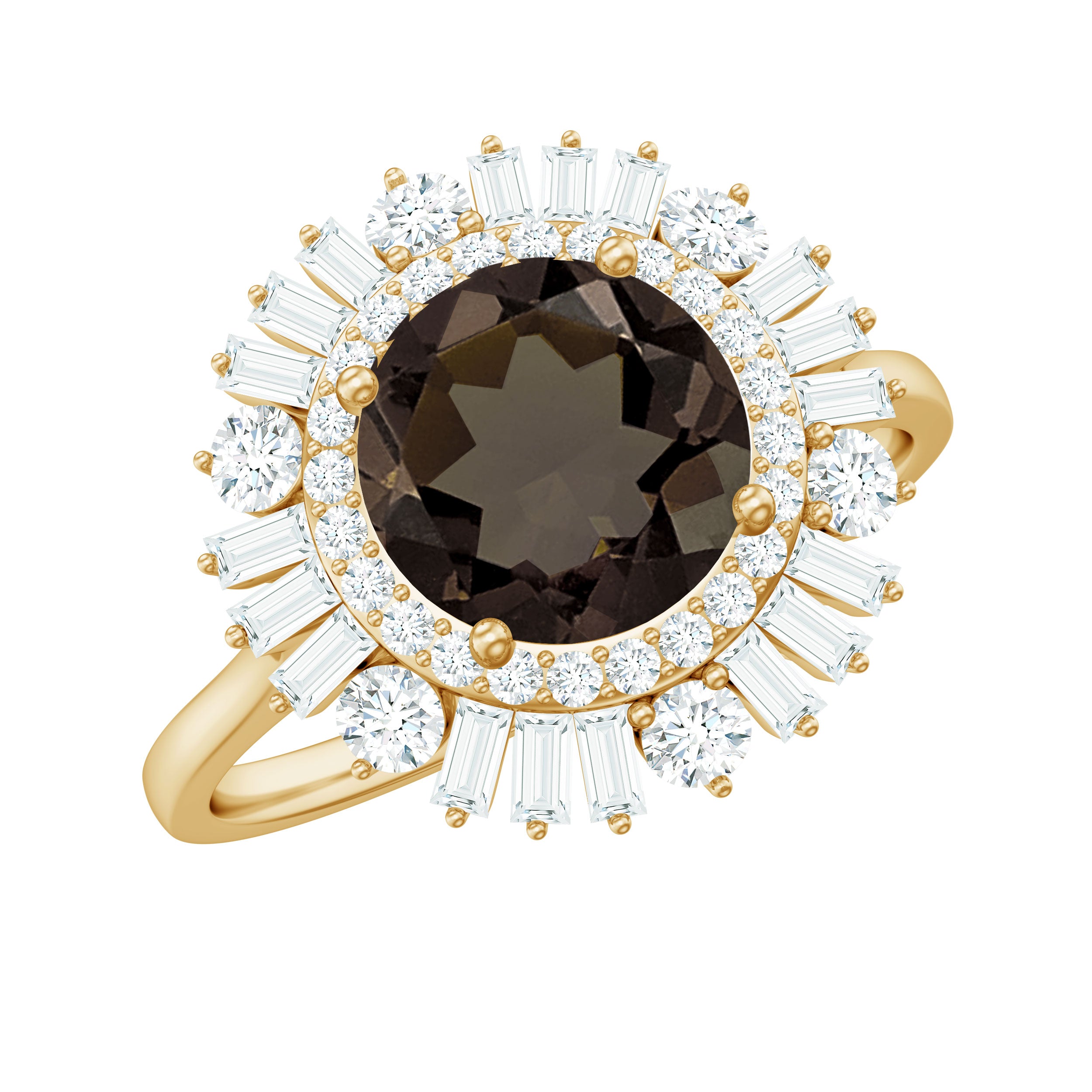 Rosec Jewels-Round Smoky Quartz Cocktail Ring with Moissanite Double Halo