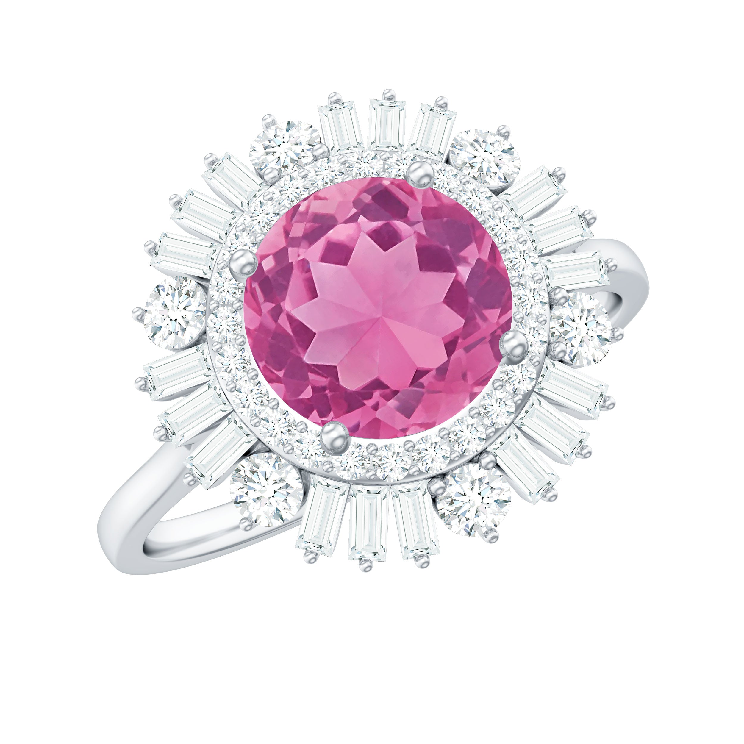 Rosec Jewels-2 CT Round Pink Tourmaline Cocktail Ring with Moissanite Double Halo