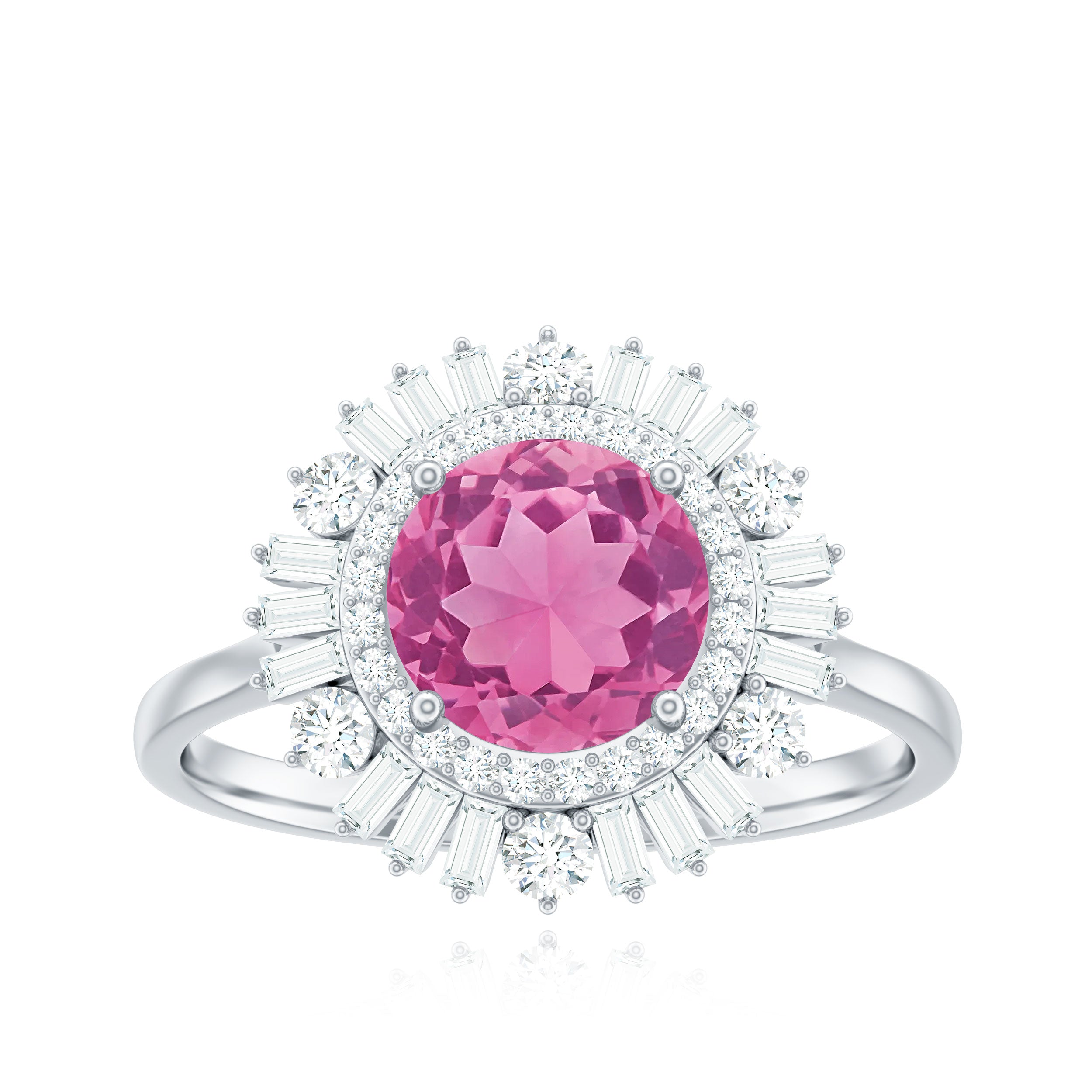 Rosec Jewels-2 CT Round Pink Tourmaline Cocktail Ring with Moissanite Double Halo