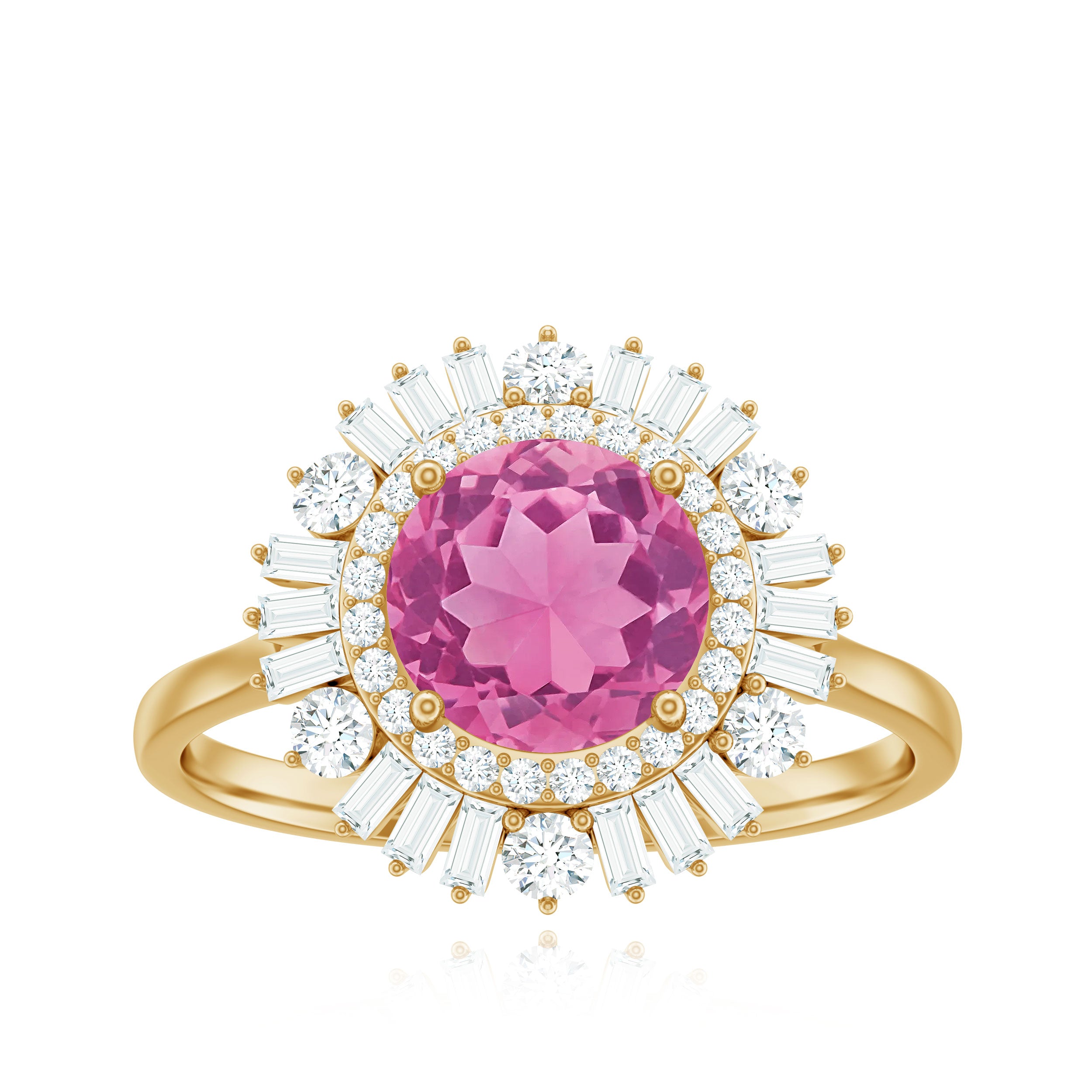 Rosec Jewels-2 CT Round Pink Tourmaline Cocktail Ring with Moissanite Double Halo