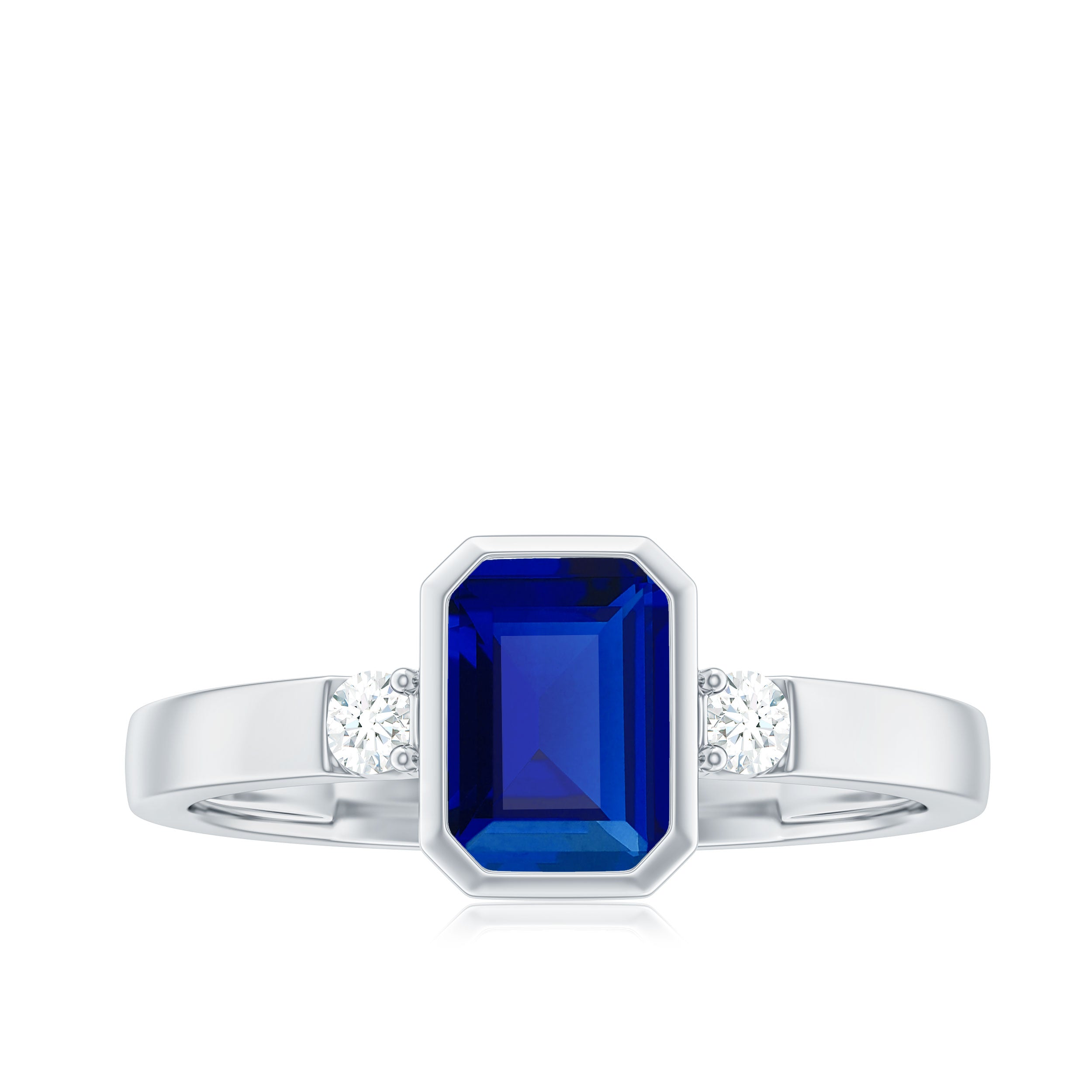 Rosec Jewels-Bezel Set Octagon Cut Created Blue Sapphire Engagement Ring with Diamond