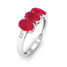 Rosec Jewels-Oval Cut Created Ruby 3 Stone Engagement Ring with Diamond