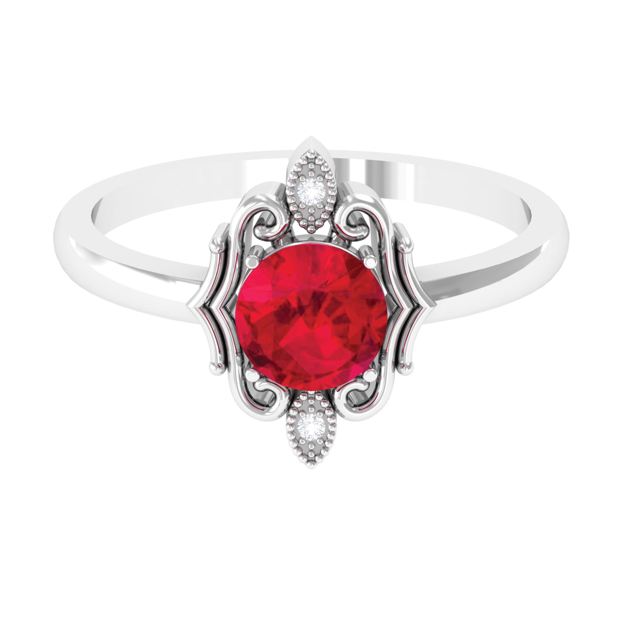 Rosec Jewels-Solitaire Art Deco Ring with Created Ruby and Diamond