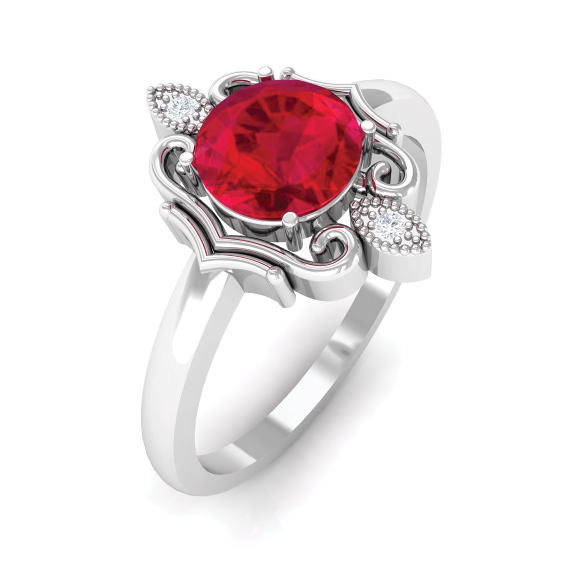 Rosec Jewels-Solitaire Art Deco Ring with Created Ruby and Diamond