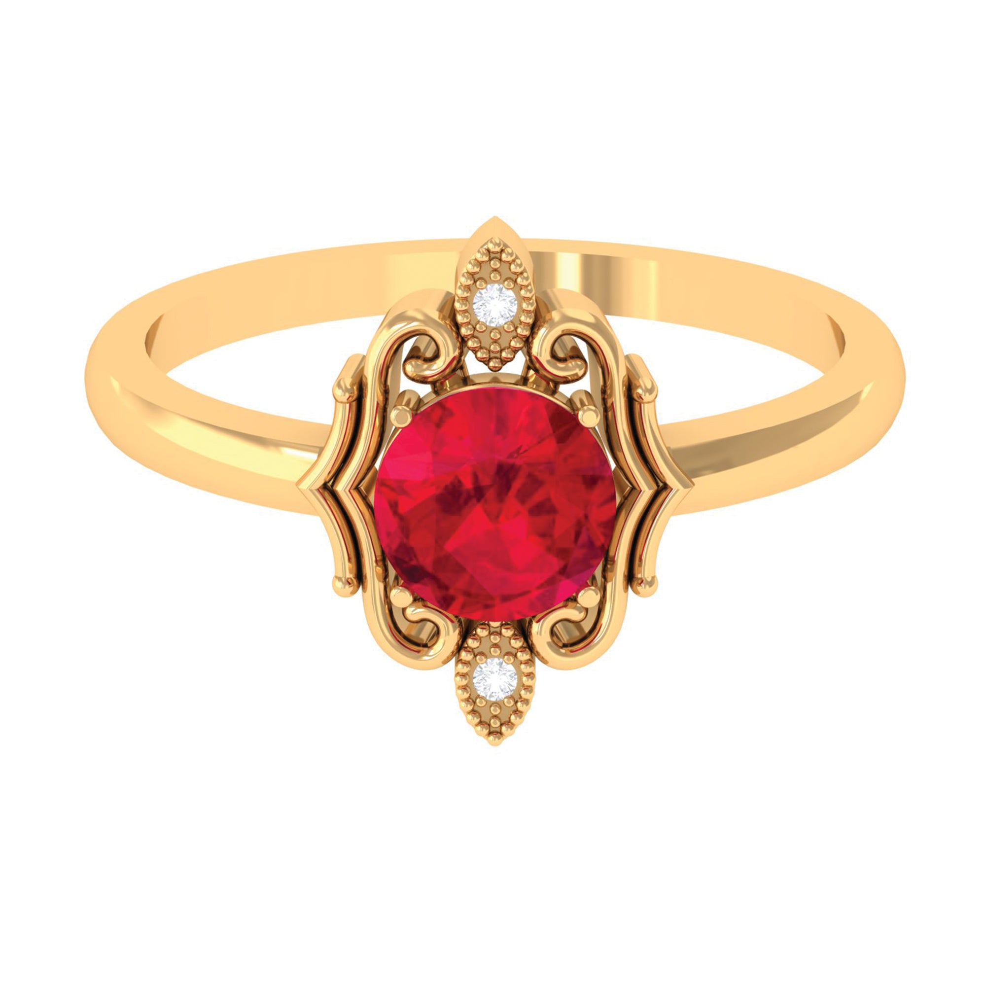 Rosec Jewels-Solitaire Art Deco Ring with Created Ruby and Diamond