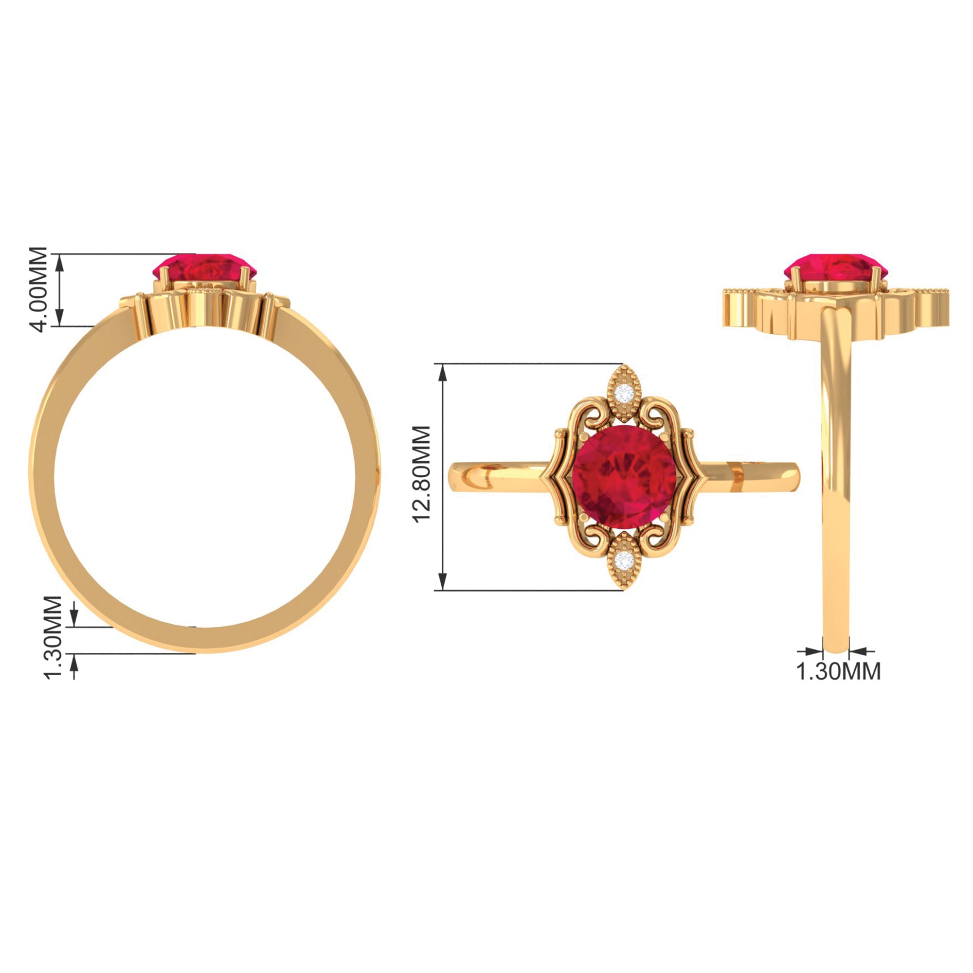 Rosec Jewels-Solitaire Art Deco Ring with Created Ruby and Diamond