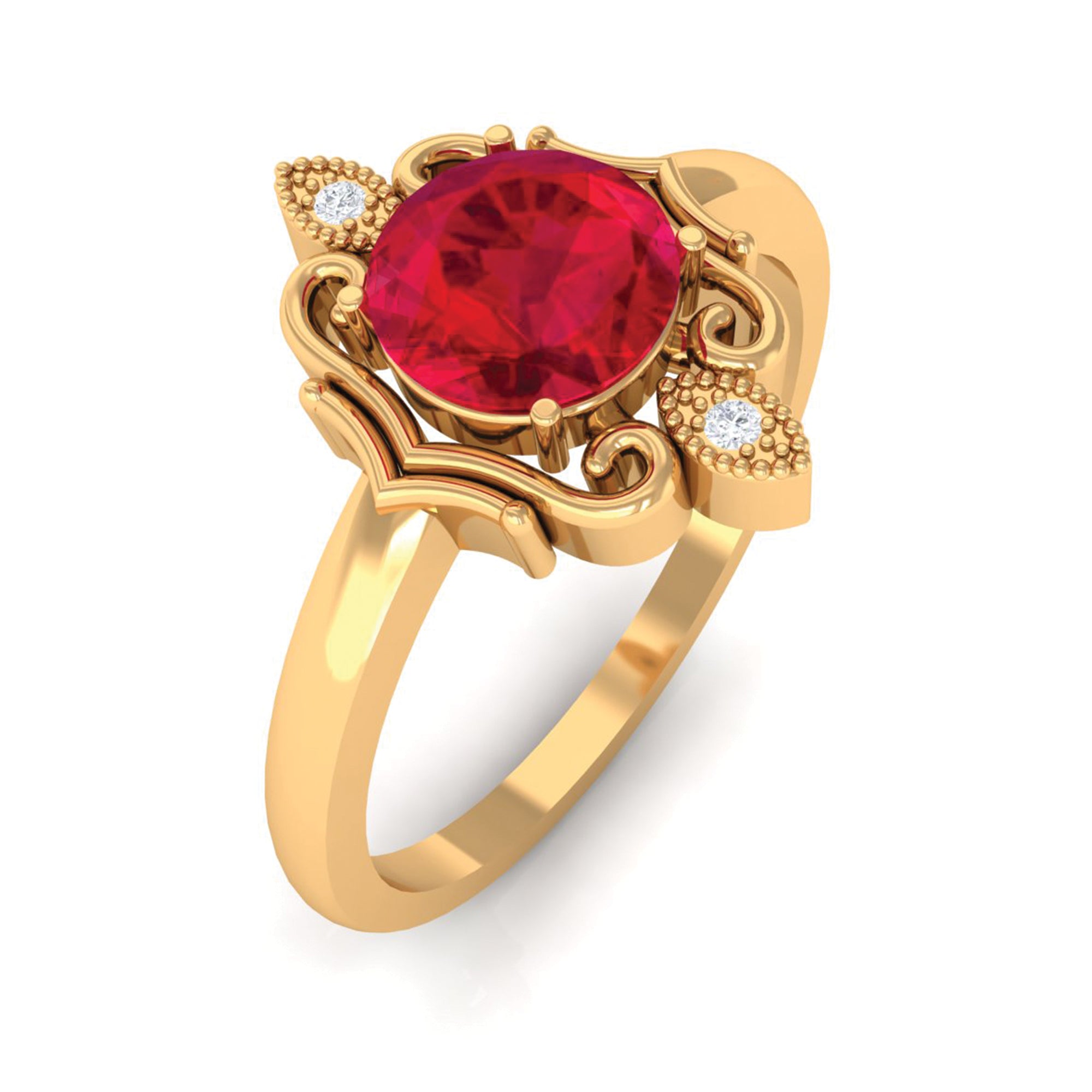 Rosec Jewels-Solitaire Art Deco Ring with Created Ruby and Diamond