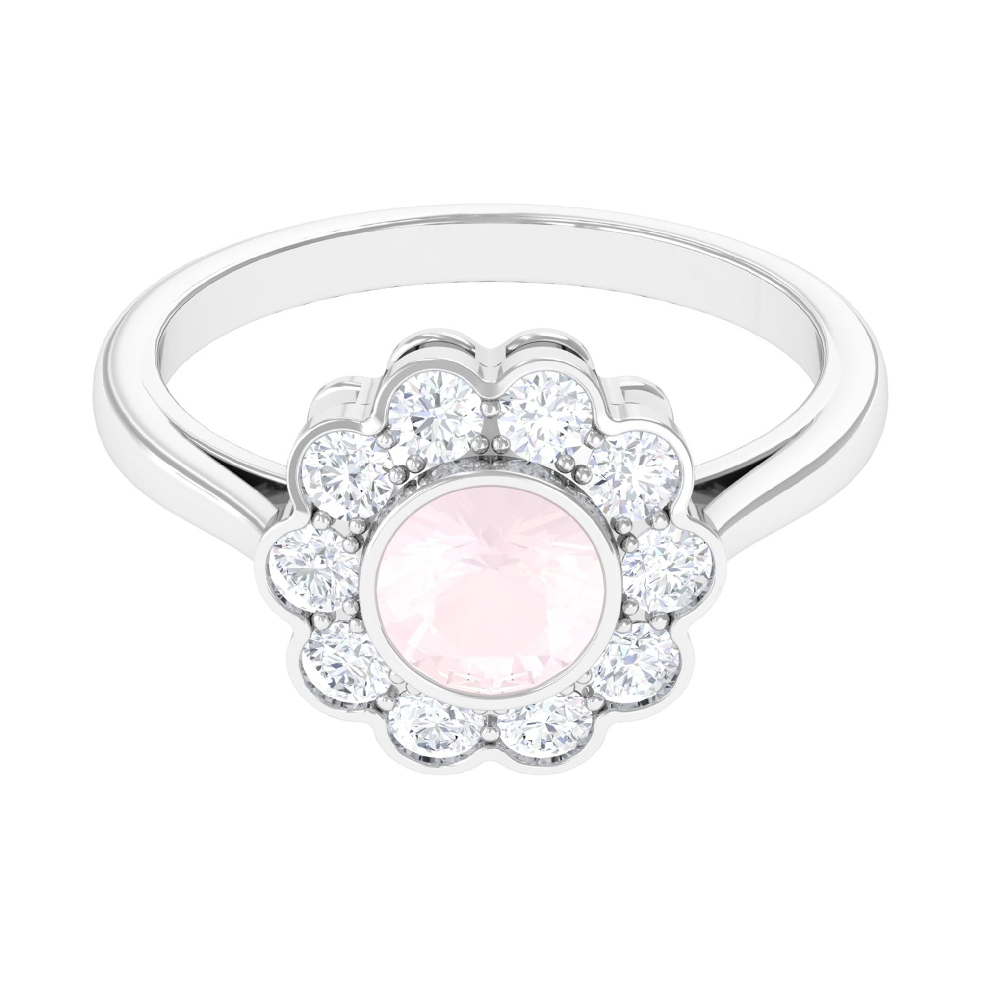 Rosec Jewels-Bezel Set Round Rose Quartz Halo Engagement Ring with Diamond