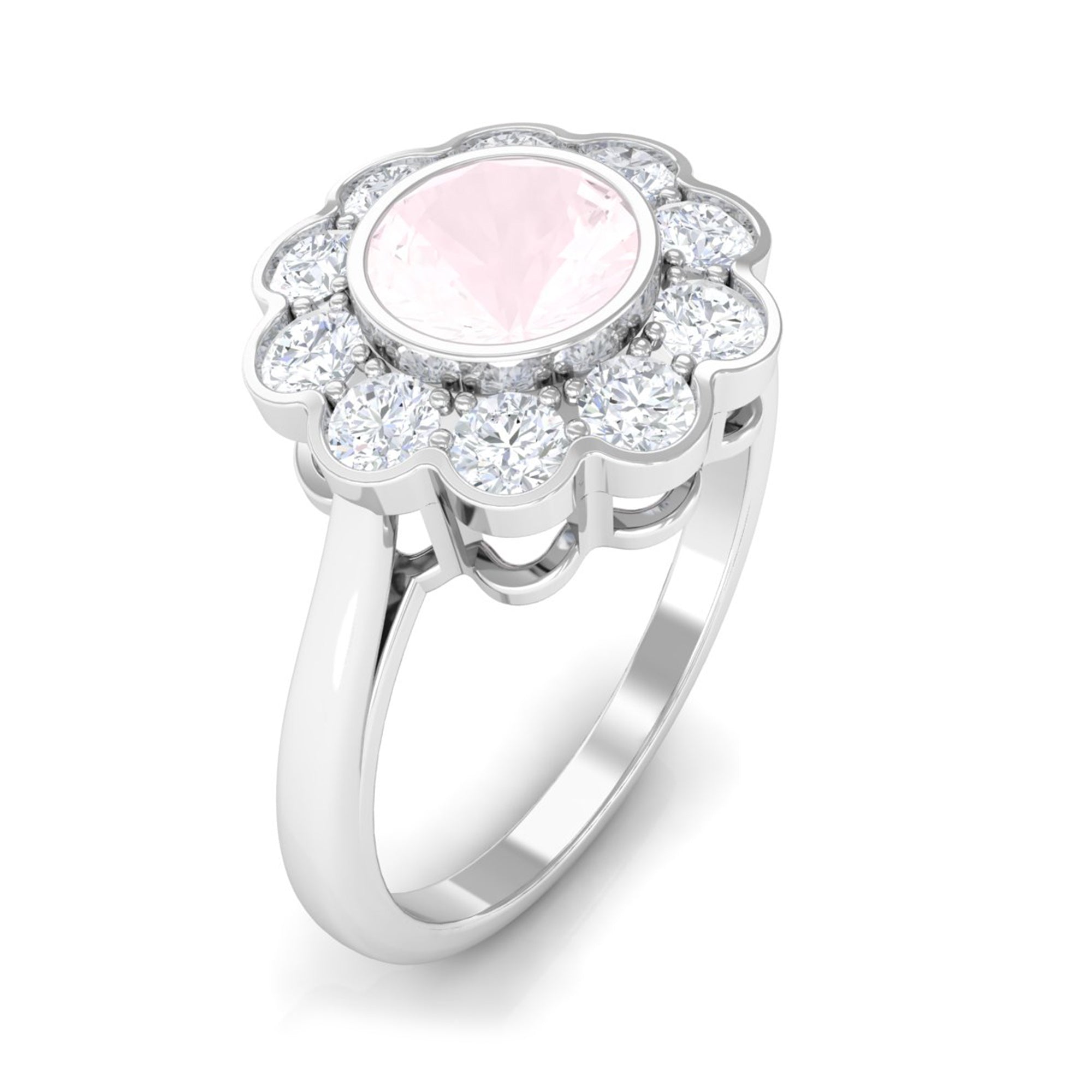 Rosec Jewels-Bezel Set Round Rose Quartz Halo Engagement Ring with Diamond