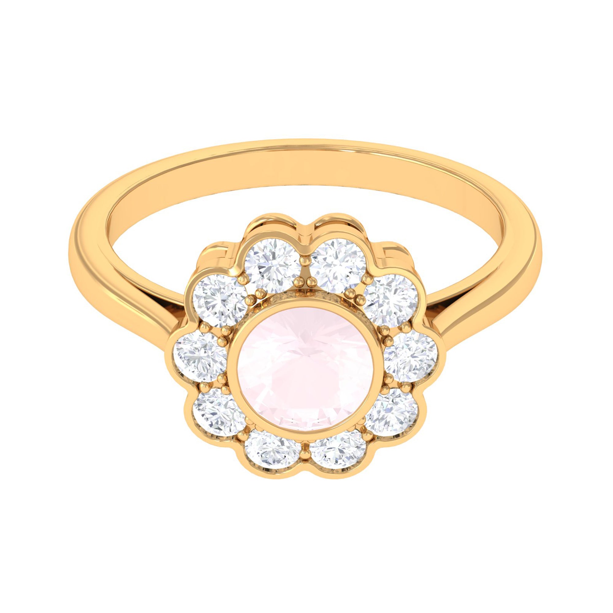 Rosec Jewels-Bezel Set Round Rose Quartz Halo Engagement Ring with Diamond