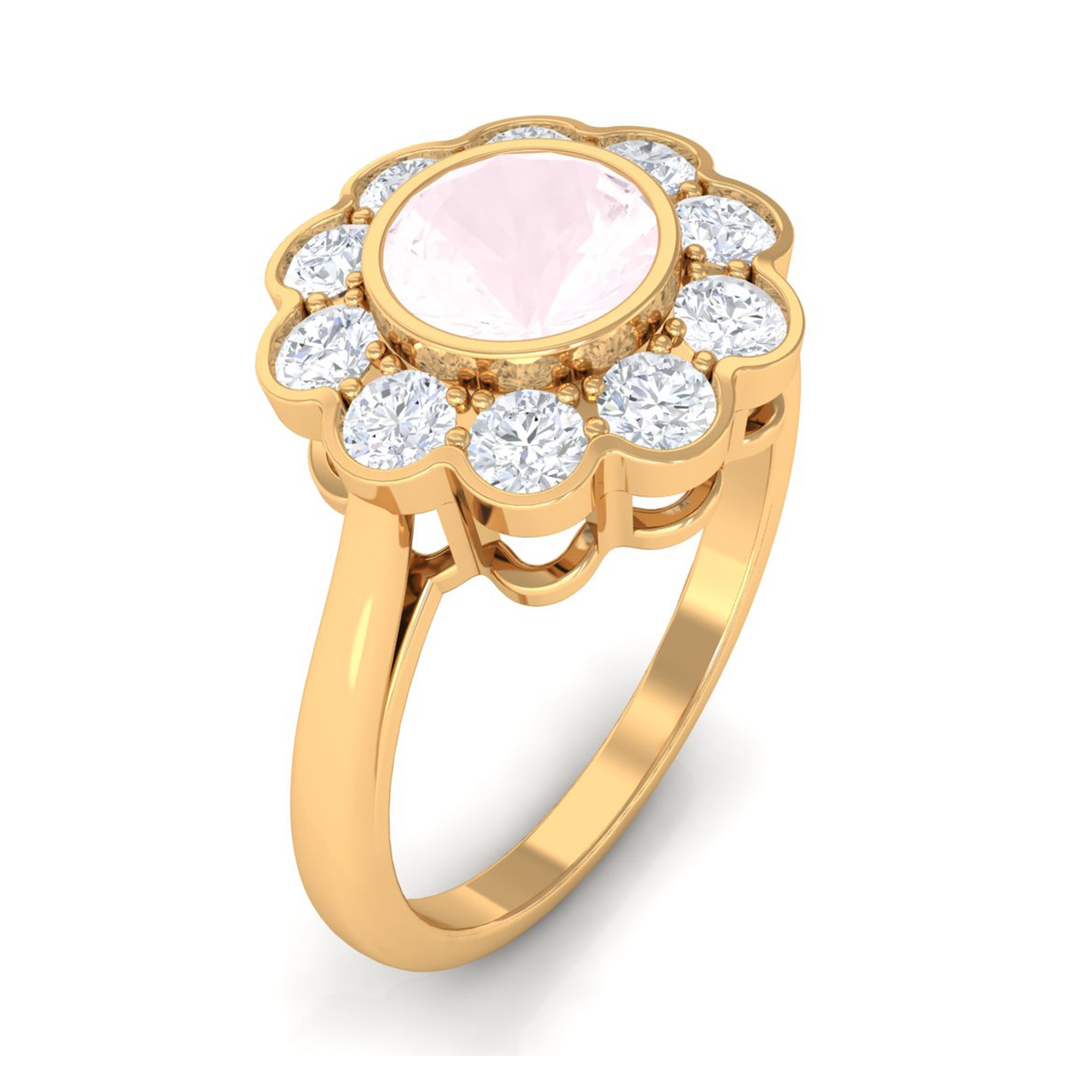 Rosec Jewels-Bezel Set Round Rose Quartz Halo Engagement Ring with Diamond