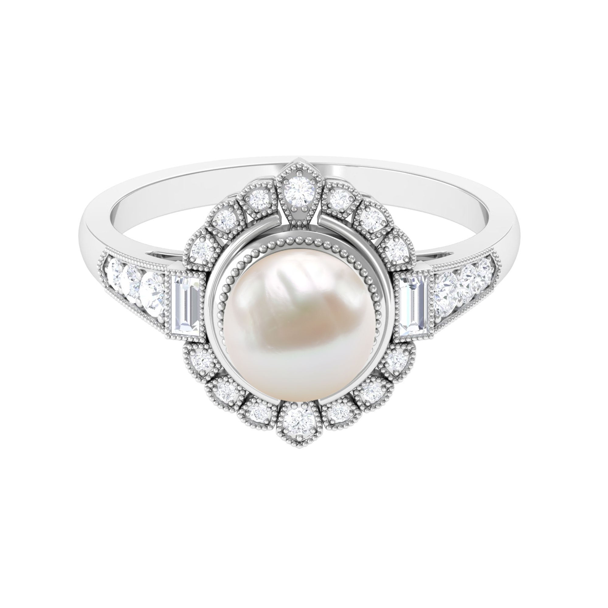 Rosec Jewels-Vintage Style Freshwater Pearl and Diamond Engagement Ring