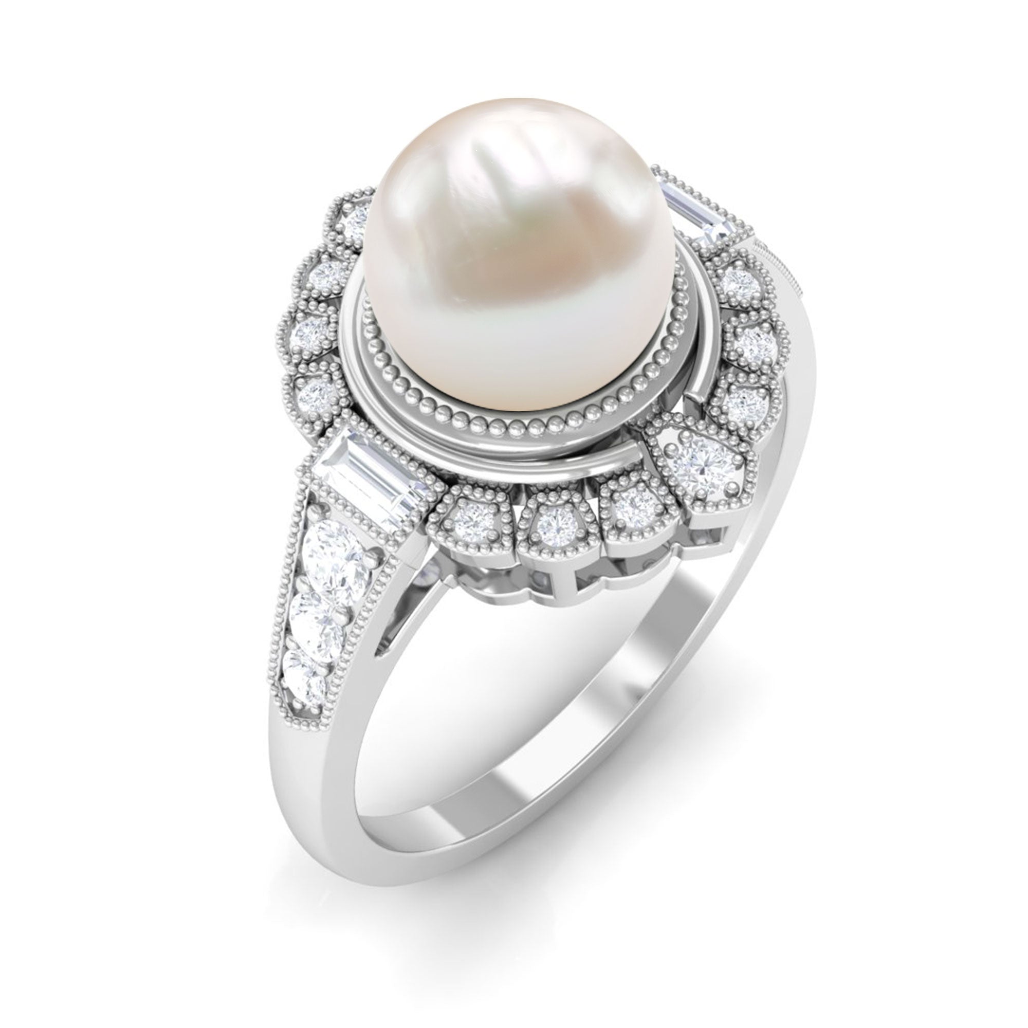 Rosec Jewels-Vintage Style Freshwater Pearl and Diamond Engagement Ring