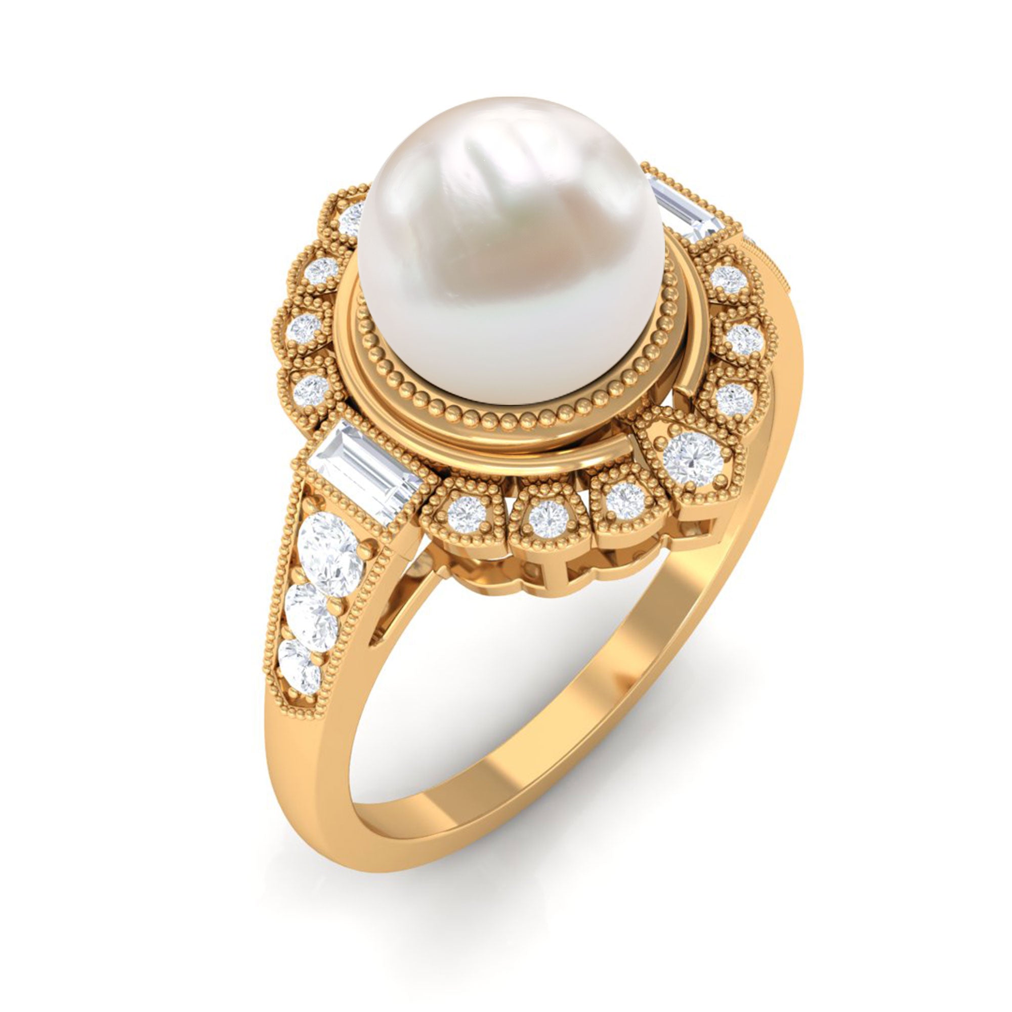 Rosec Jewels-Vintage Style Freshwater Pearl and Diamond Engagement Ring