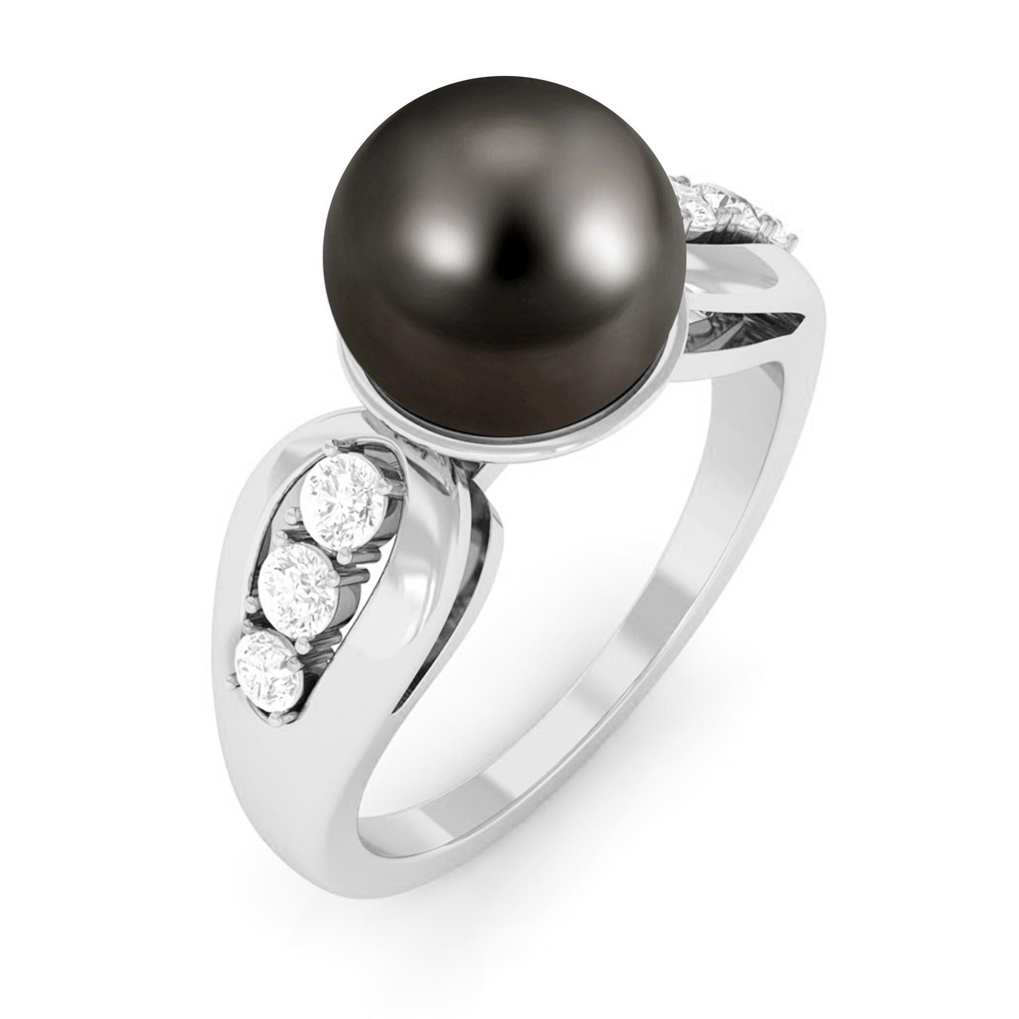 Rosec Jewels-Solitaire Tahitian Pearl Engagement Ring with Diamond Side Stones