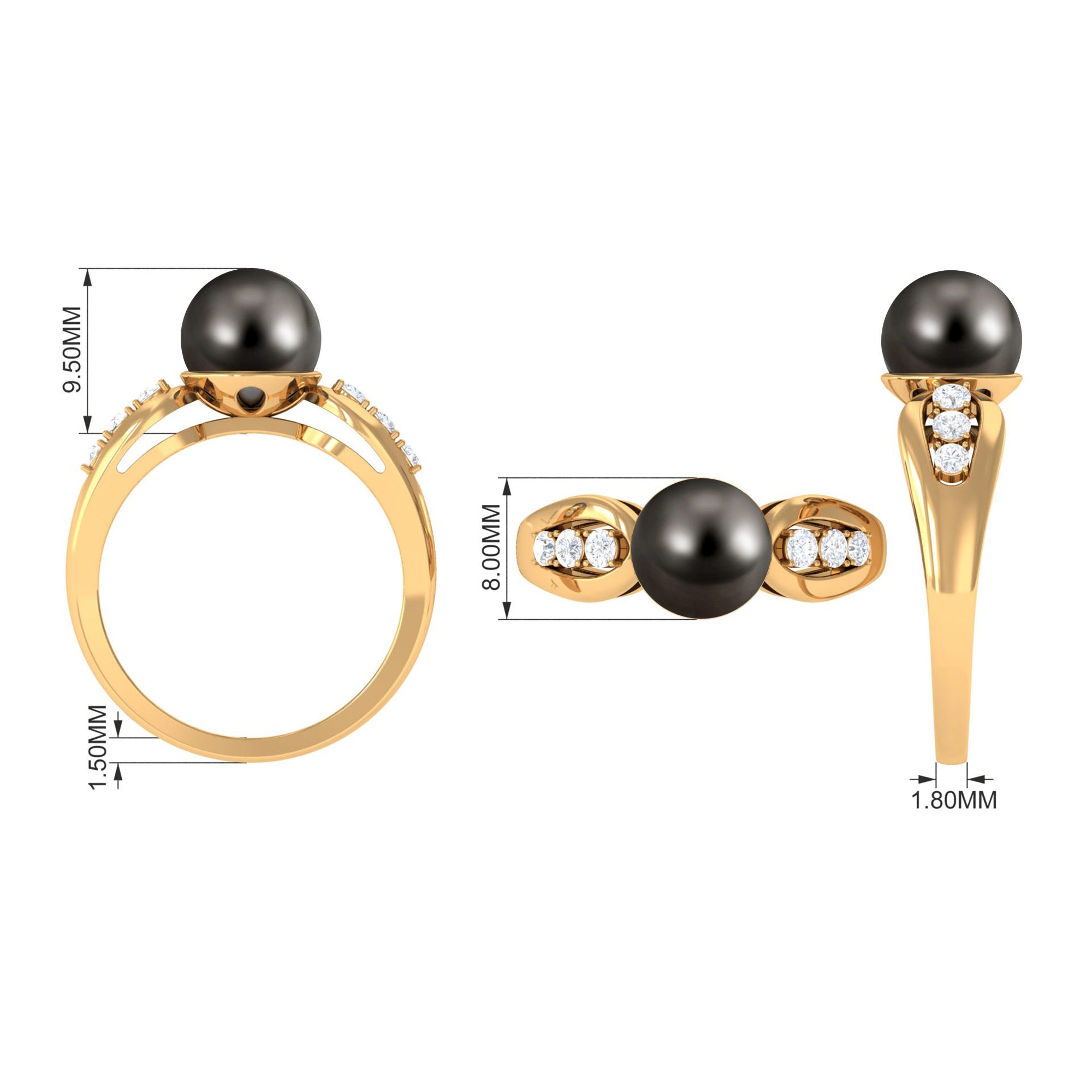 Rosec Jewels-Solitaire Tahitian Pearl Engagement Ring with Diamond Side Stones