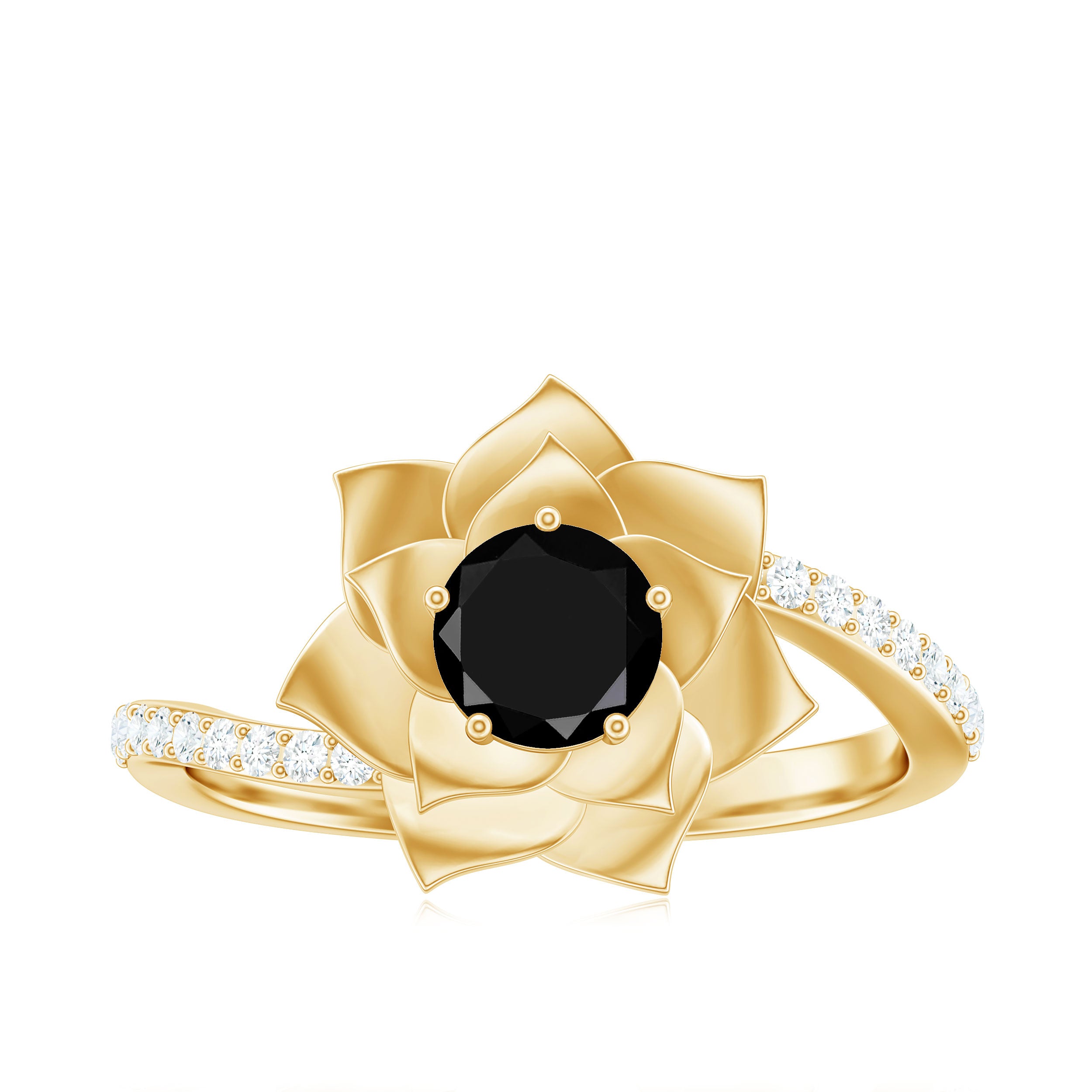 Rosec Jewels-Created Black Diamond and Diamond Flower Ring in Bypass Shank