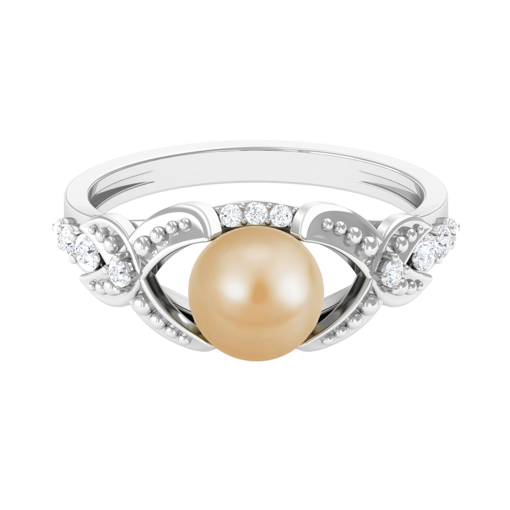 Rosec Jewels-Vintage Style South Sea Pearl and Diamond Engagement Ring with Split Shank