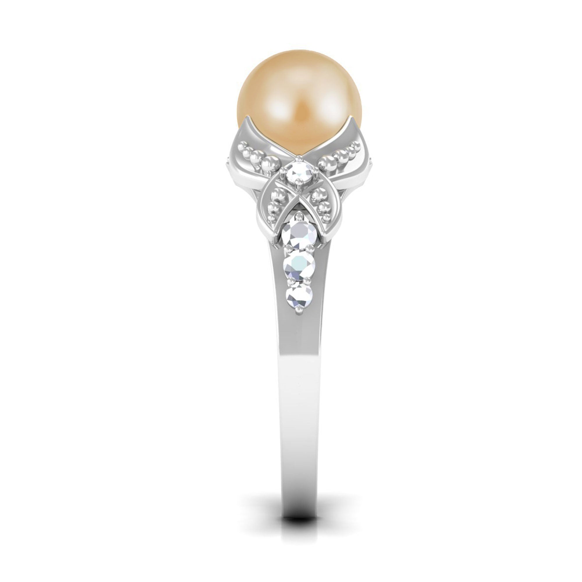 Rosec Jewels-Vintage Style South Sea Pearl and Diamond Engagement Ring with Split Shank