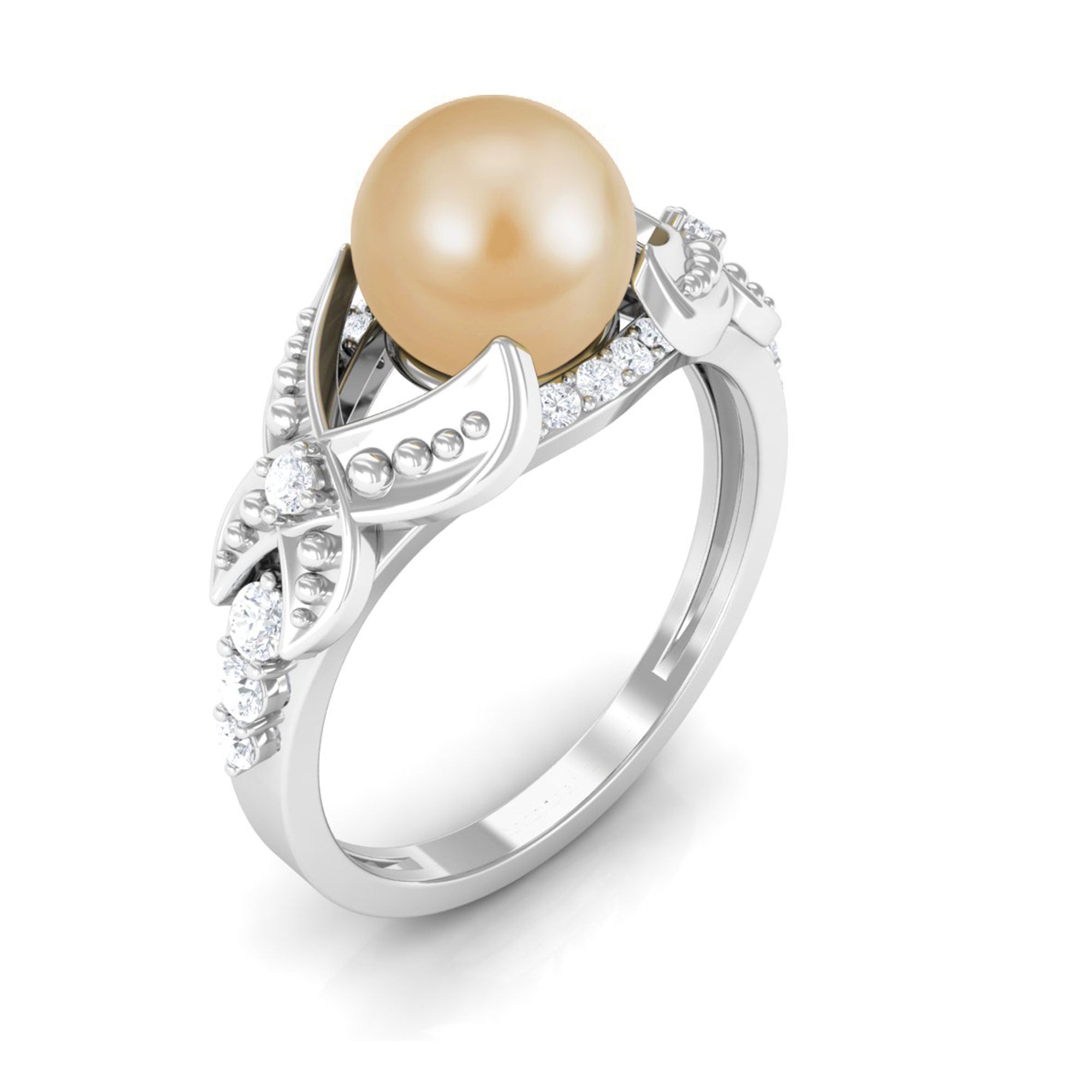 Rosec Jewels-Vintage Style South Sea Pearl and Diamond Engagement Ring with Split Shank